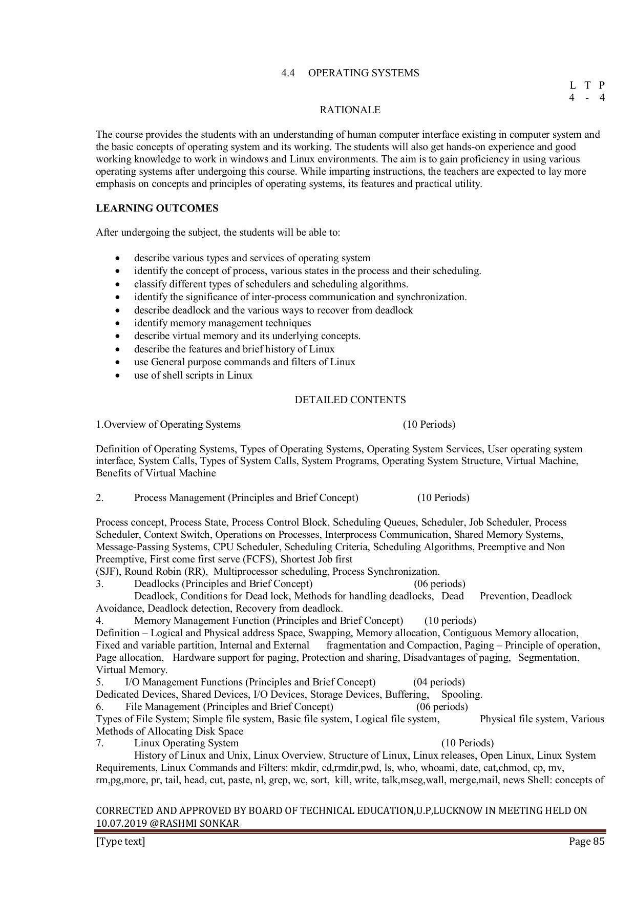 EFFECTIVE FROM JULY 2019-20 - SIX SEMESTER DIPLOMA COURSE IN INFORMATION TECHNOLOGY - Page 85