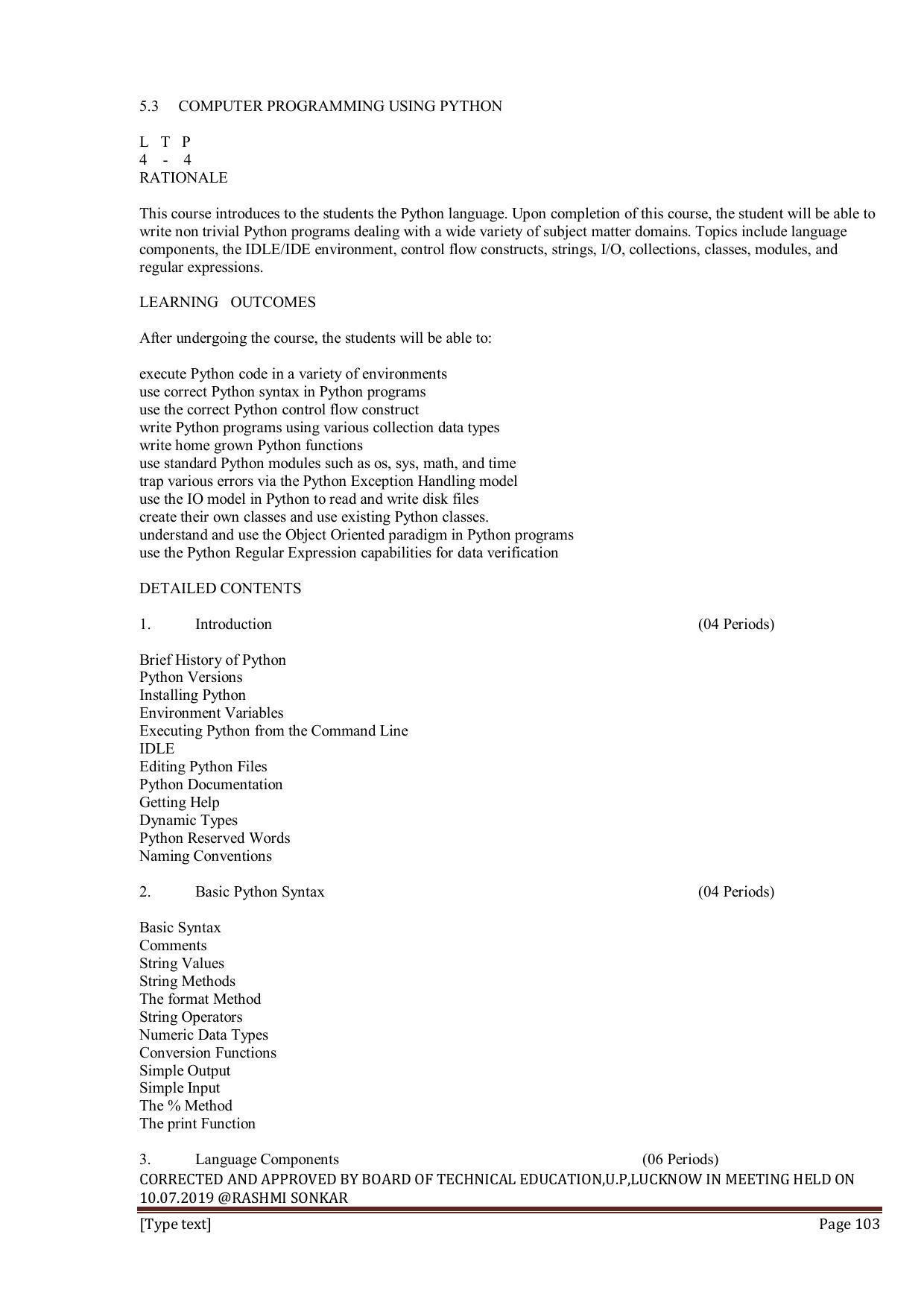 EFFECTIVE FROM JULY 2019-20 - SIX SEMESTER DIPLOMA COURSE IN INFORMATION TECHNOLOGY - Page 103