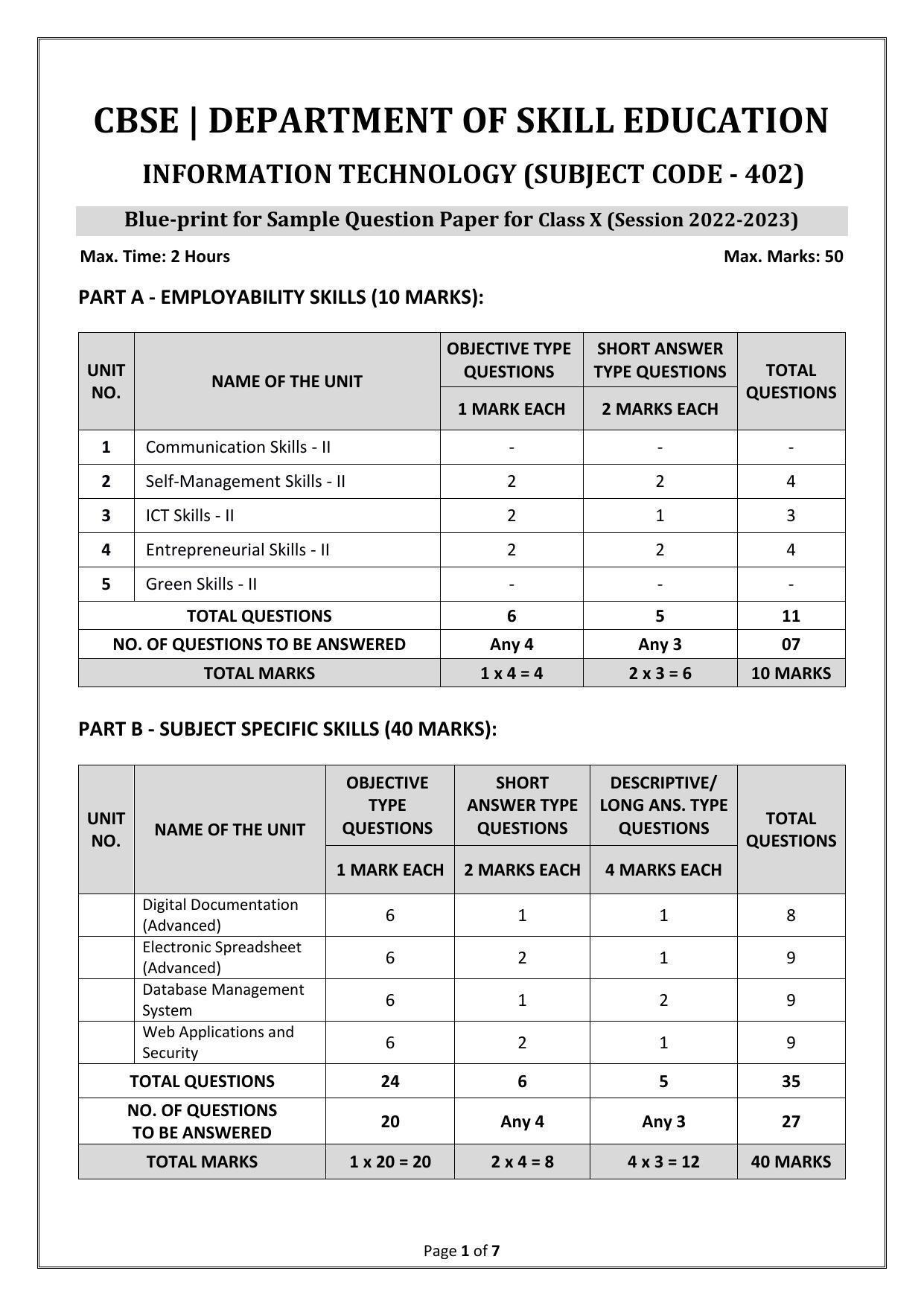 CBSE Class 10 (Skill Education) Information Technology Sample Papers 2023 - Page 1