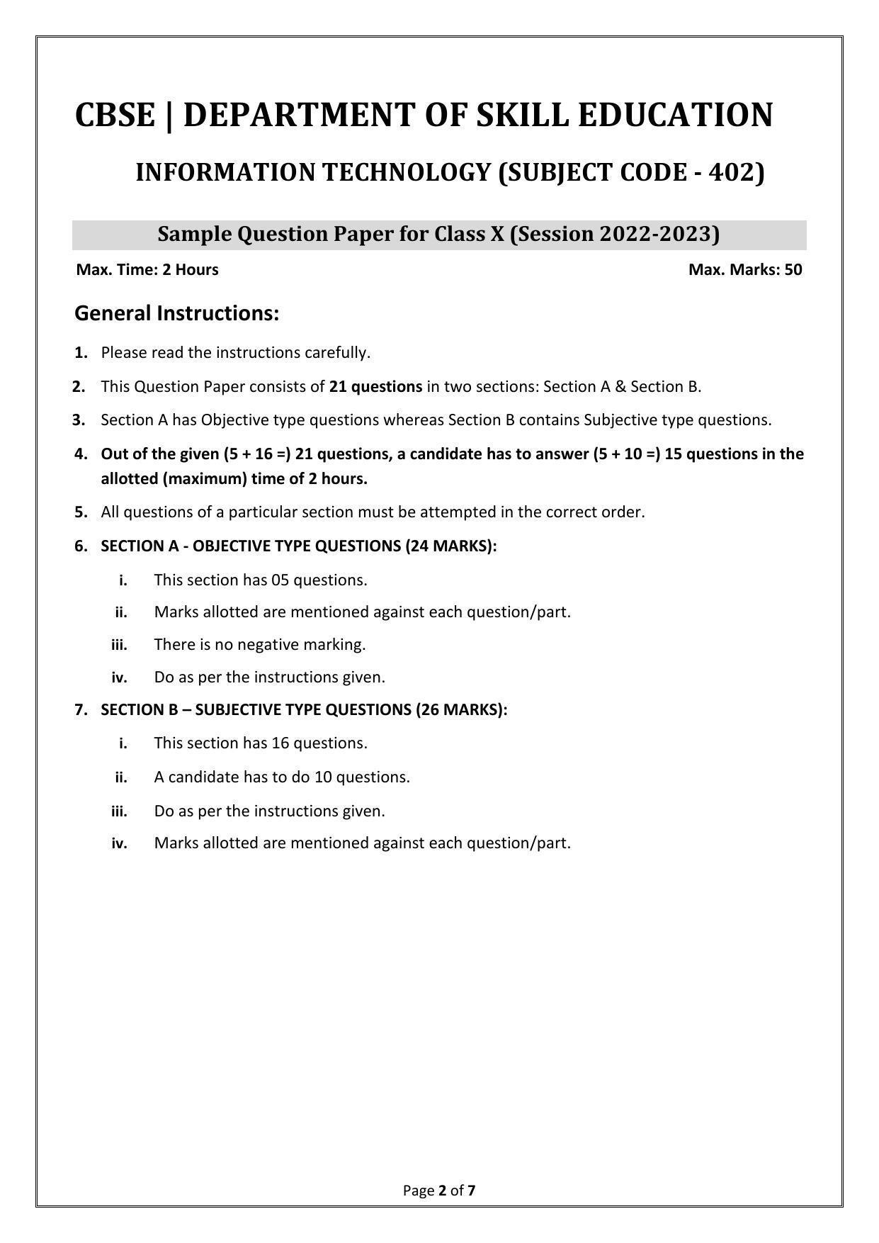 CBSE Class 10 (Skill Education) Information Technology Sample Papers 2023 - Page 2