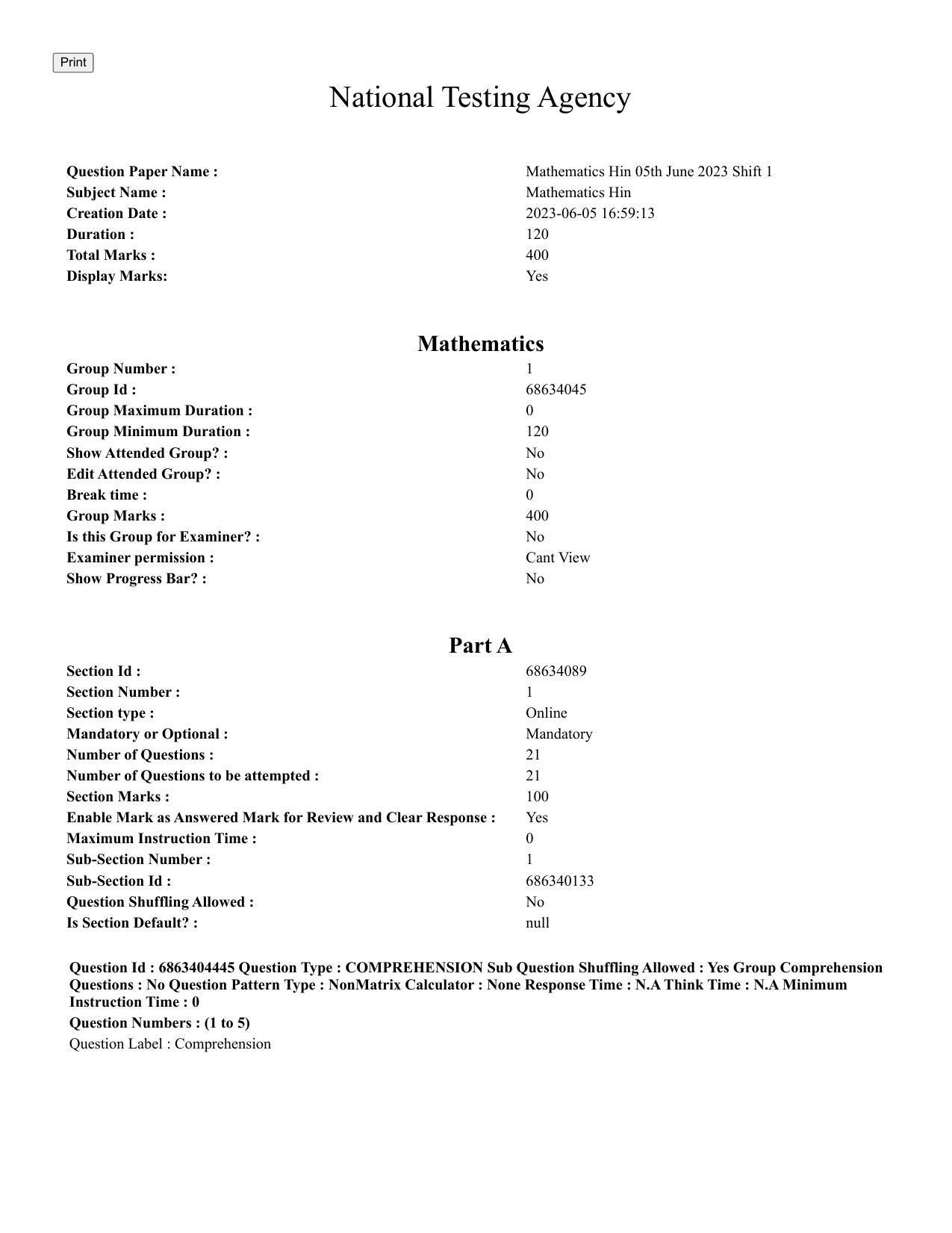 CUET PG 2023: SCQP19 – Mathematics (Hindi) - Shift 1 (5-06-2023) Question Paper - Page 1