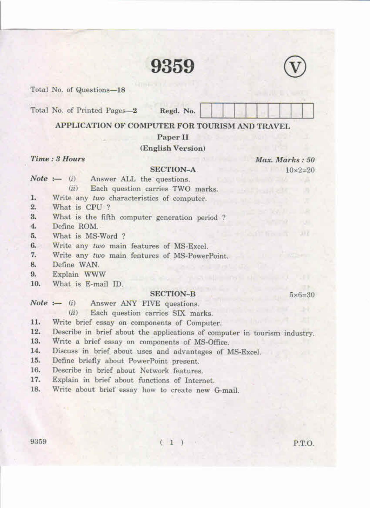 AP Inter 2nd Year Application of Compute for Tourism and Travel-II May-2019-Vocational Question Paper - Page 1