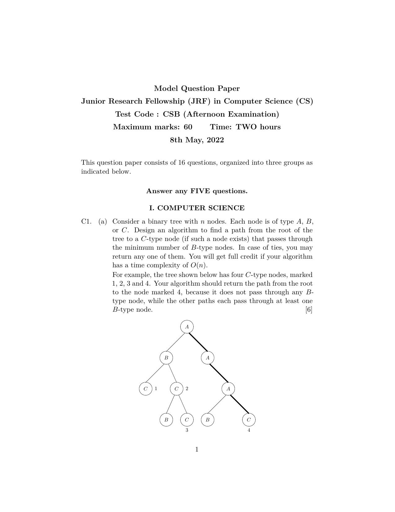 ISI Admission Test JRF in Computer Science (CSB) 2022 Sample Paper - Page 1