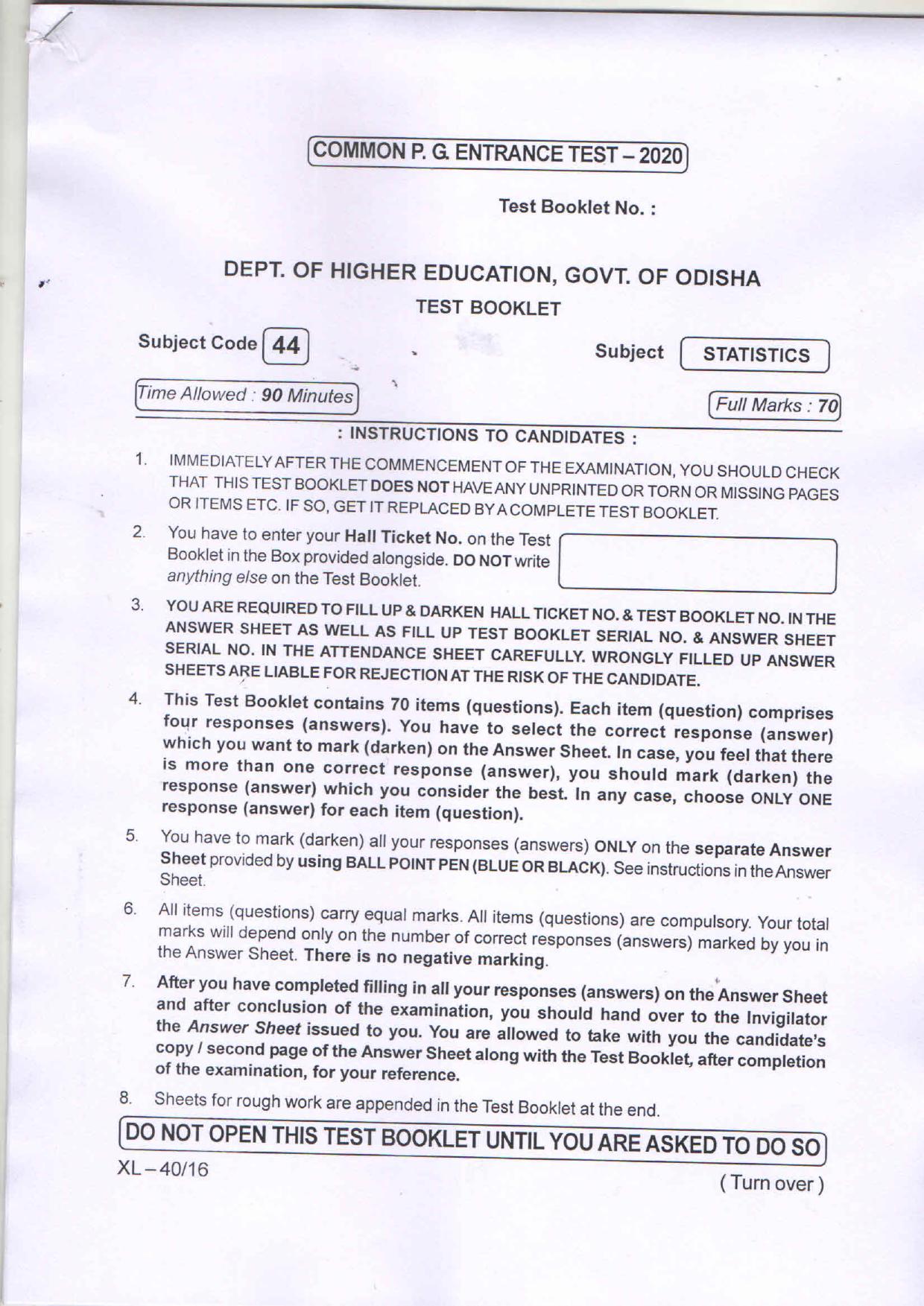 Odisha CPET STATISTICS 2020 Question Paper - Page 1