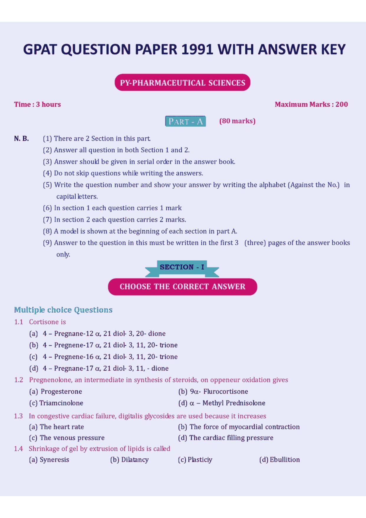GPAT 1991 Question Paper with Answer Key - Page 1