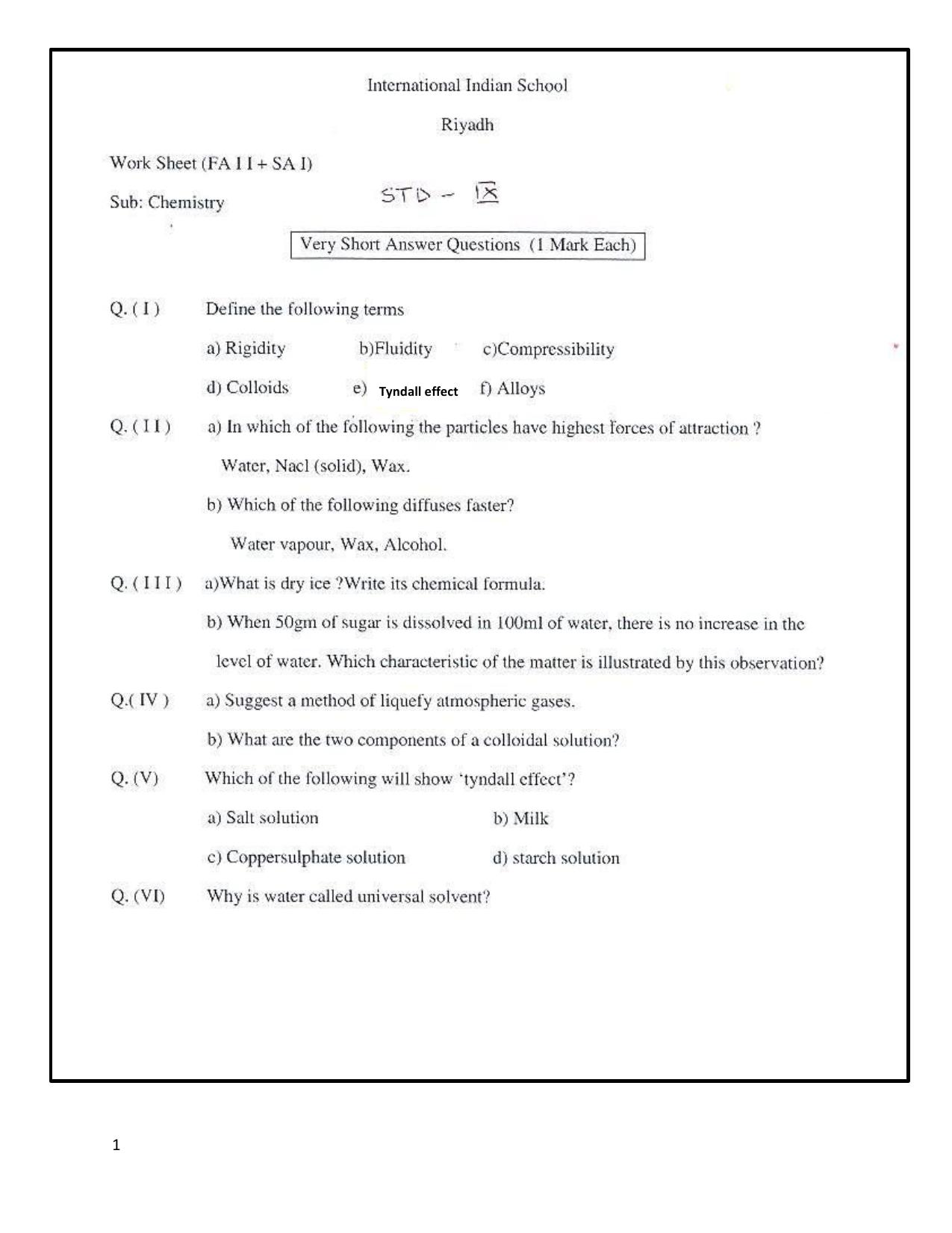 CBSE Worksheets for Class 9 Chemistry Assignment 5 - Page 1
