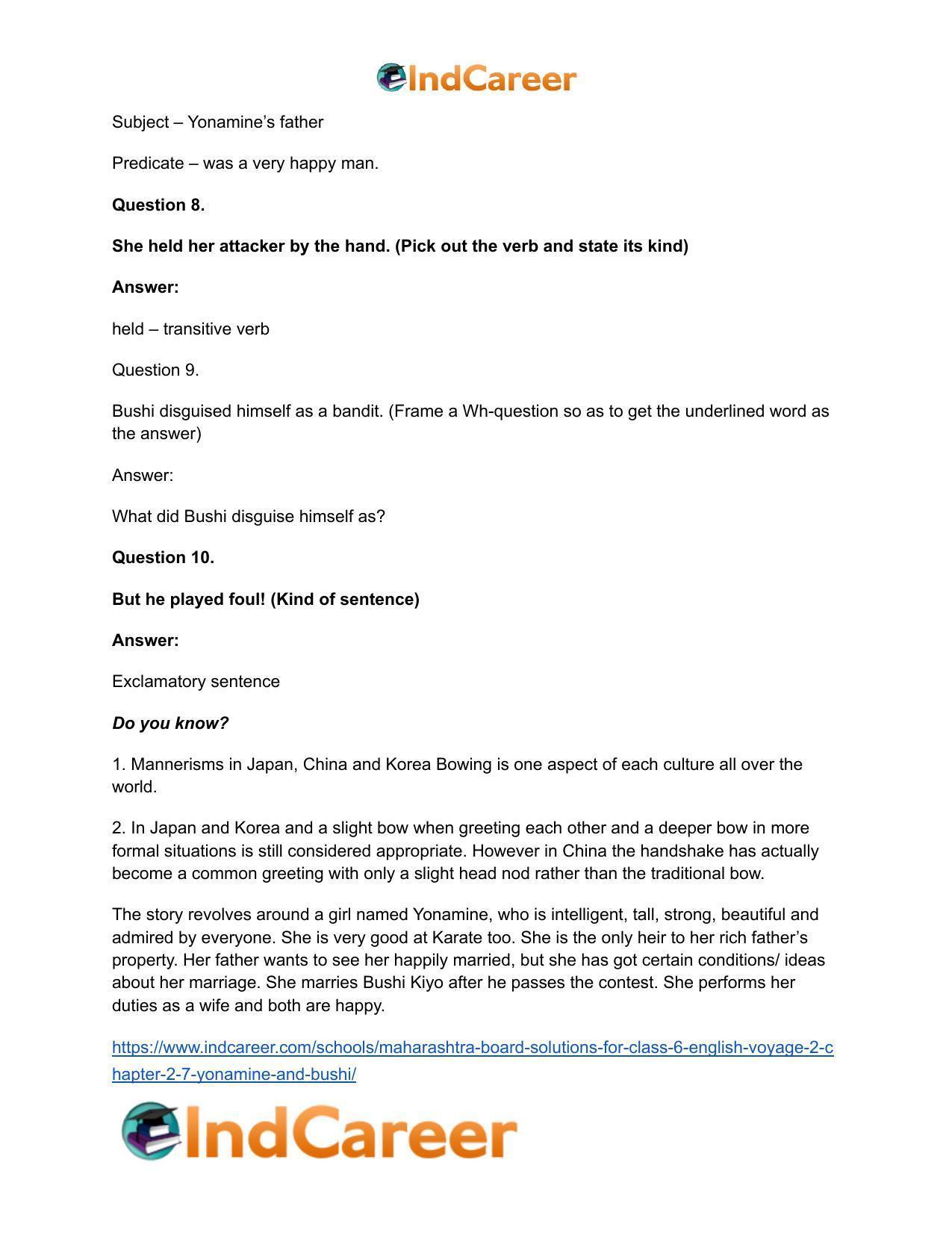 Maharashtra Board Solutions for Class 6- English (Voyage 2): Chapter 2.7- Yonamine and Bushi - Page 15