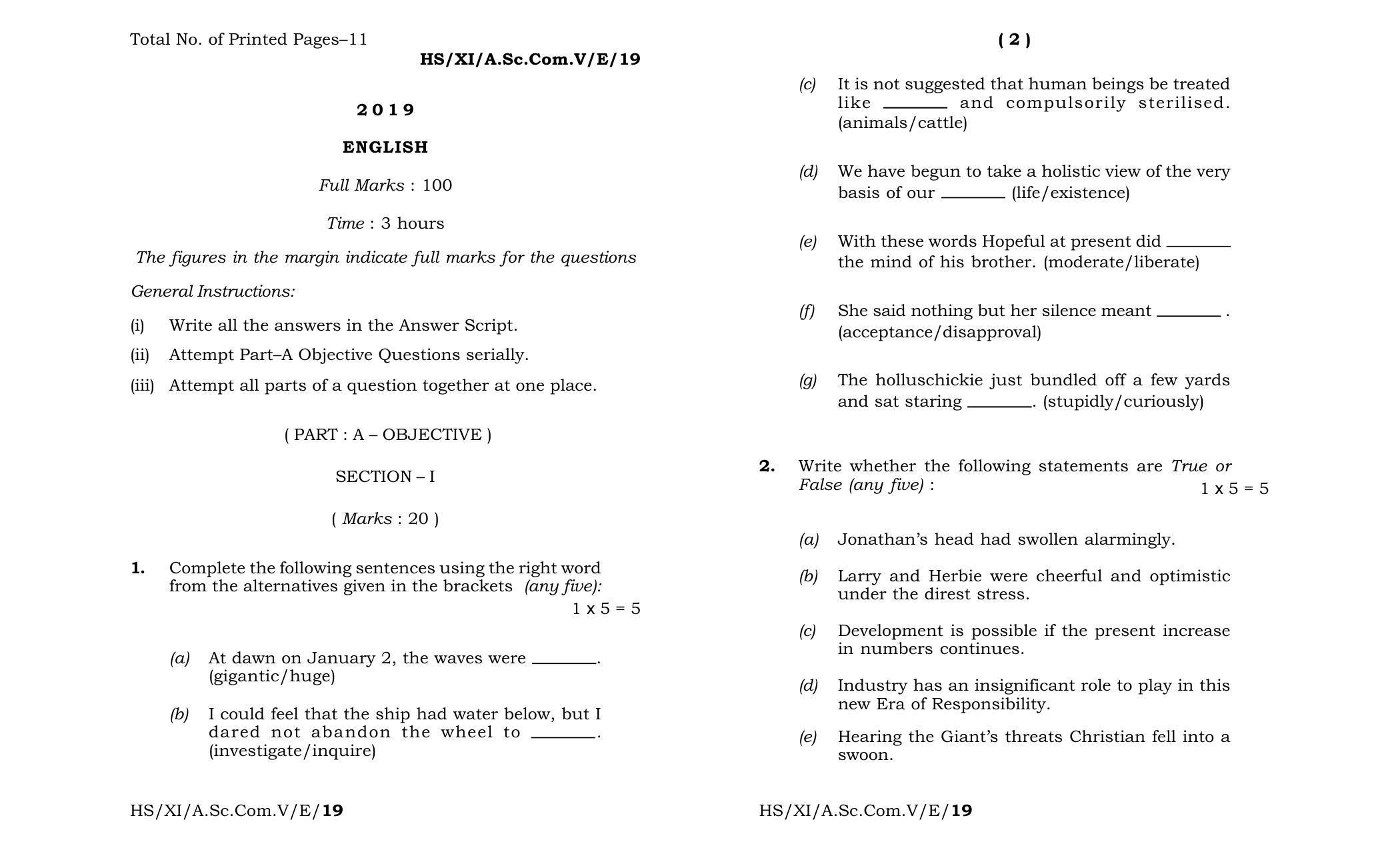 Meghalaya Board (MBOSE) Class 11 English 2019 Question Paper - Page 1