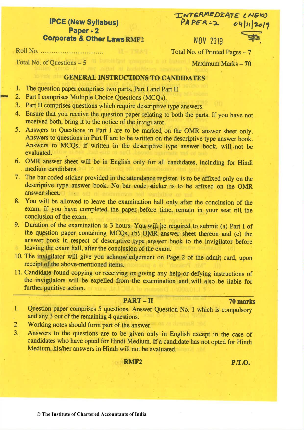 CA Inter Nov 2019 Question Paper - Paper 2 – Corporate and Other Laws - Page 1
