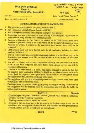CA Inter Nov 2019 Question Paper - Paper 2 – Corporate and Other Laws