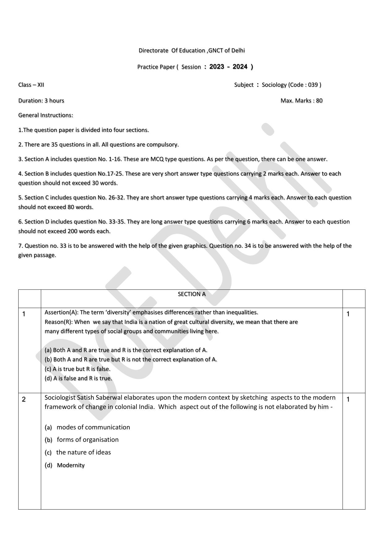 Edudel Class 12 Sociology (English) Practice Papers-2 (2023-24) - Page 1
