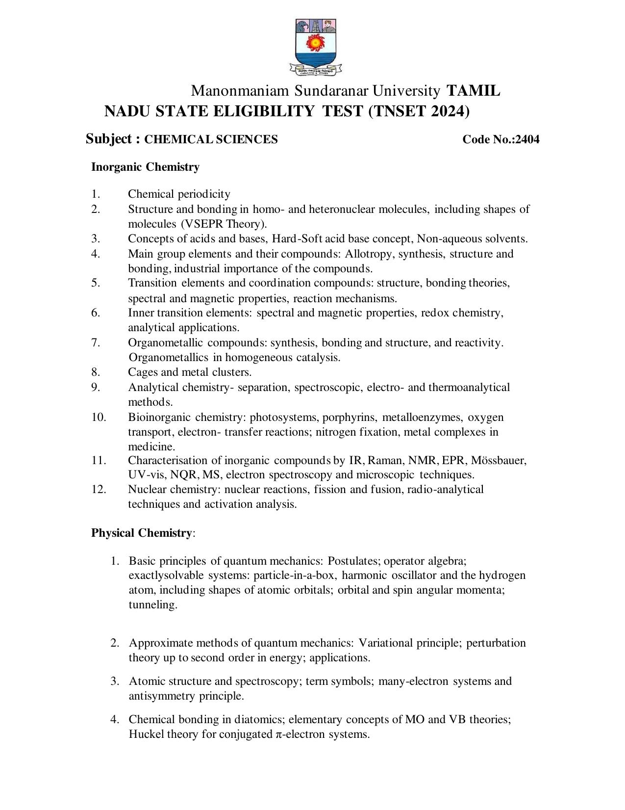 TNSET Syllabus - Chemical Sciences - Page 1