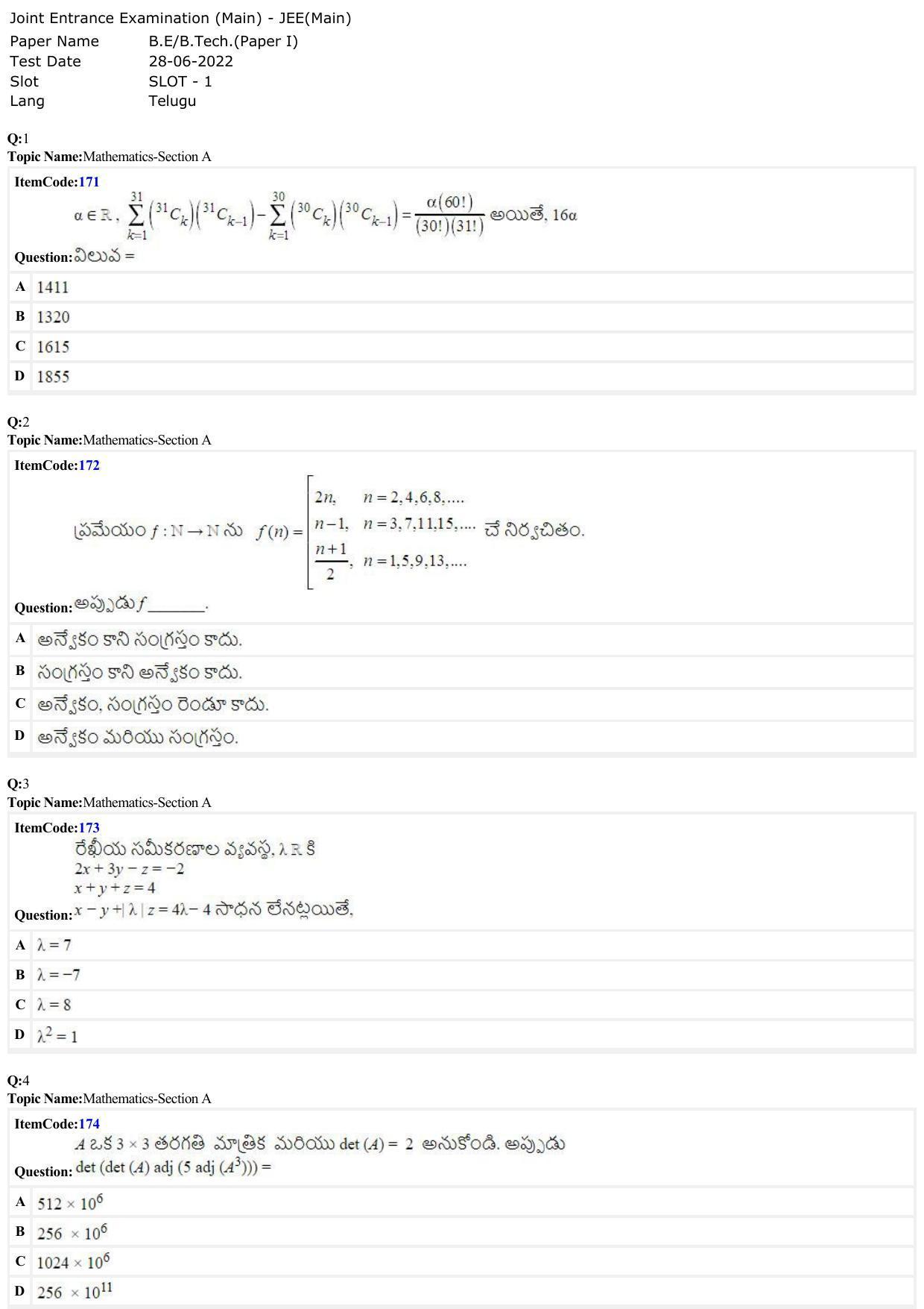 JEE Mains 2022: BTech Telugu (Shift 1) 28-06-2022 Question Paper - Page 1
