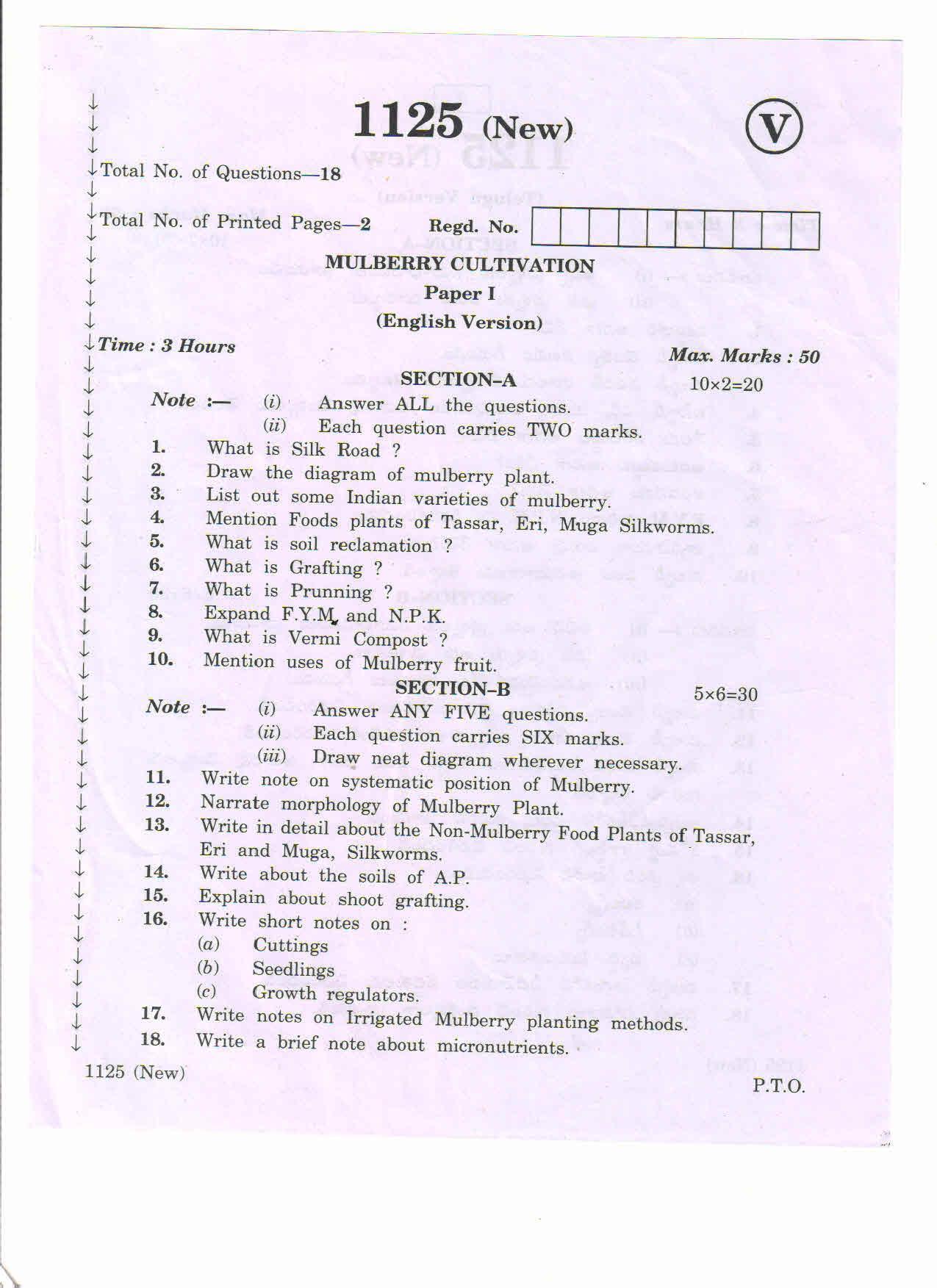 AP Inter 2nd Year Vocational Question Paper March - 2020 - Mulberry Cultivation - I - Page 1