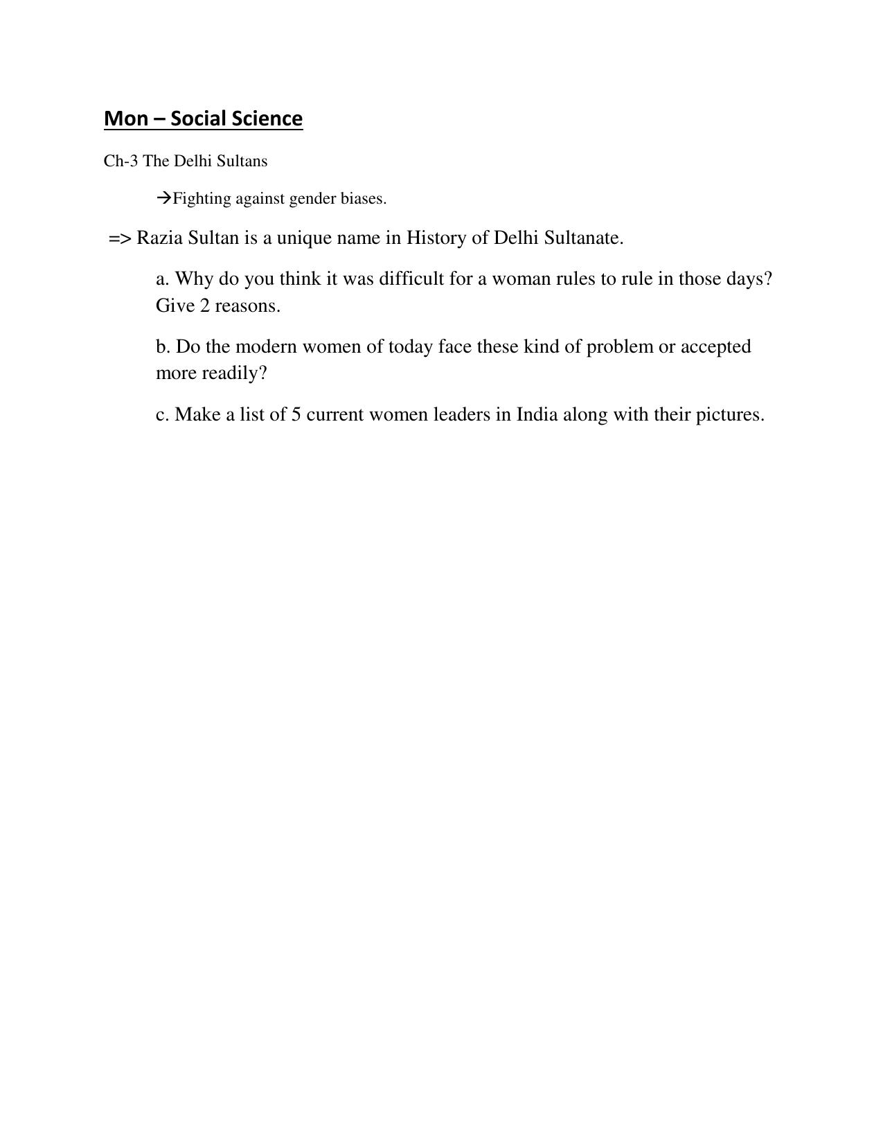 CBSE Worksheets for Class 7 Geography Razia Sultan Assignment - Page 1