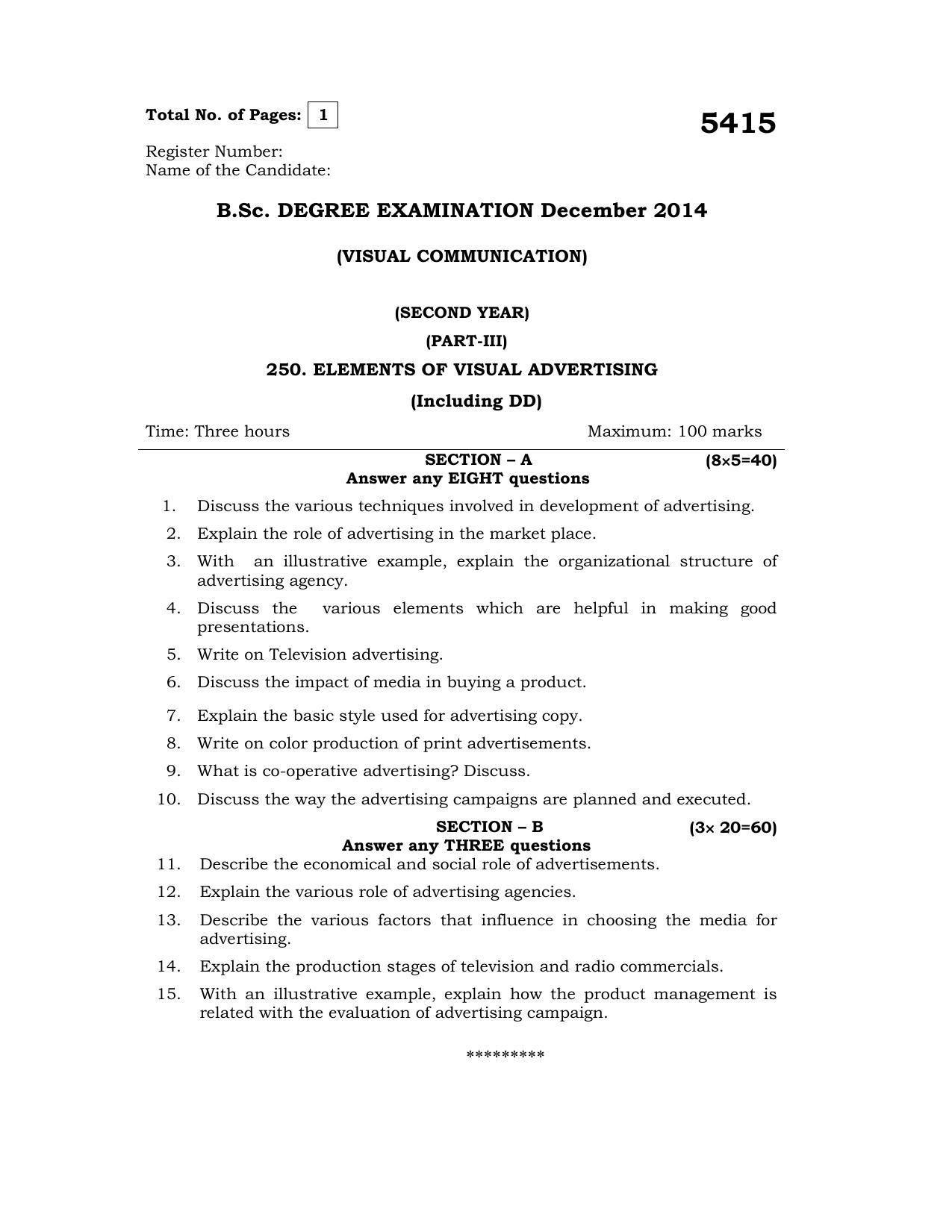Annamalai University Elements Of Visual Advertising B.Sc Visual Communication December 2014 Question Papers - Page 1