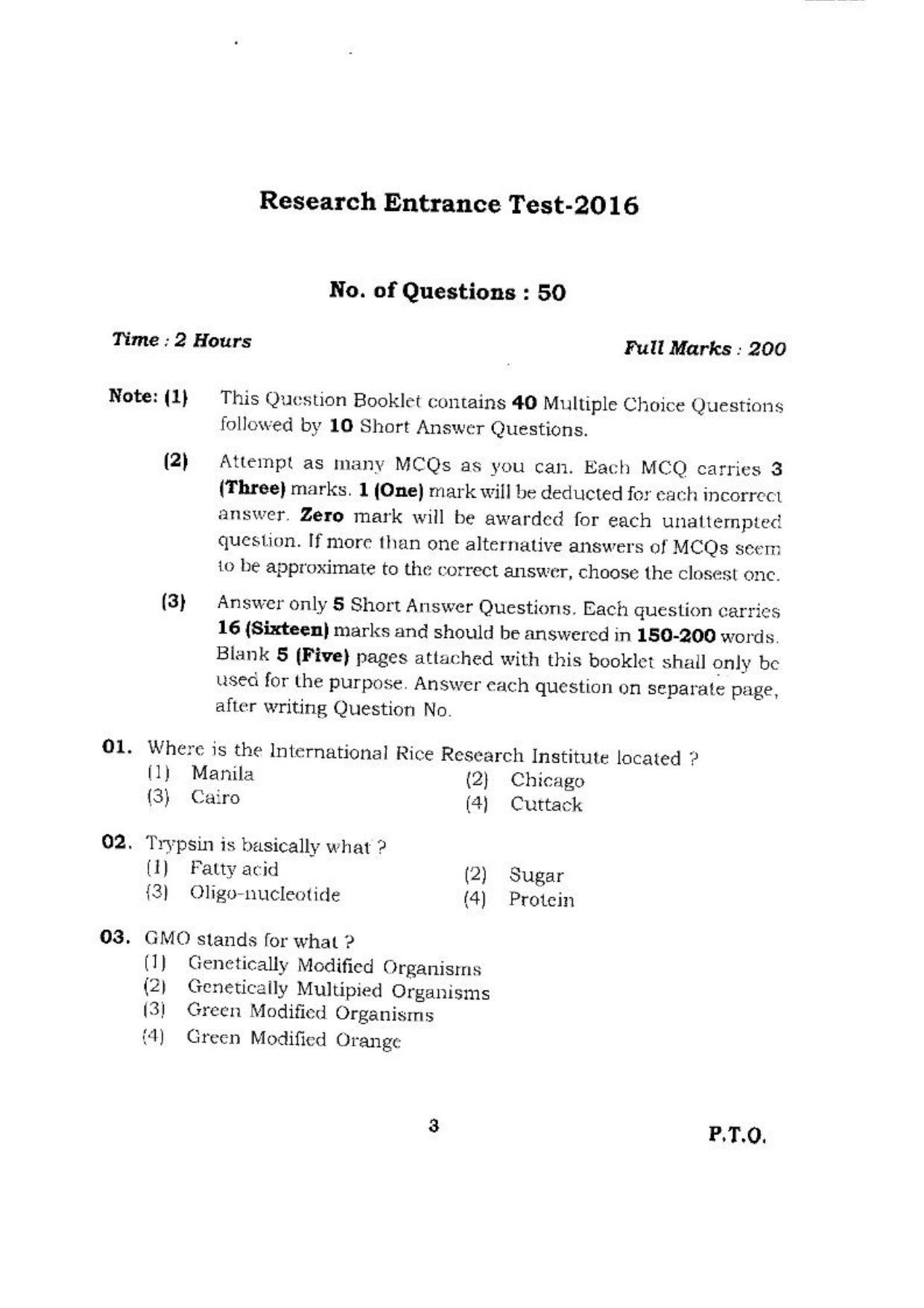 BHU RET (Agriculture) Ag. Enff.(Soil & Water Conservation Engg.) 2016 Question Paper - Page 3