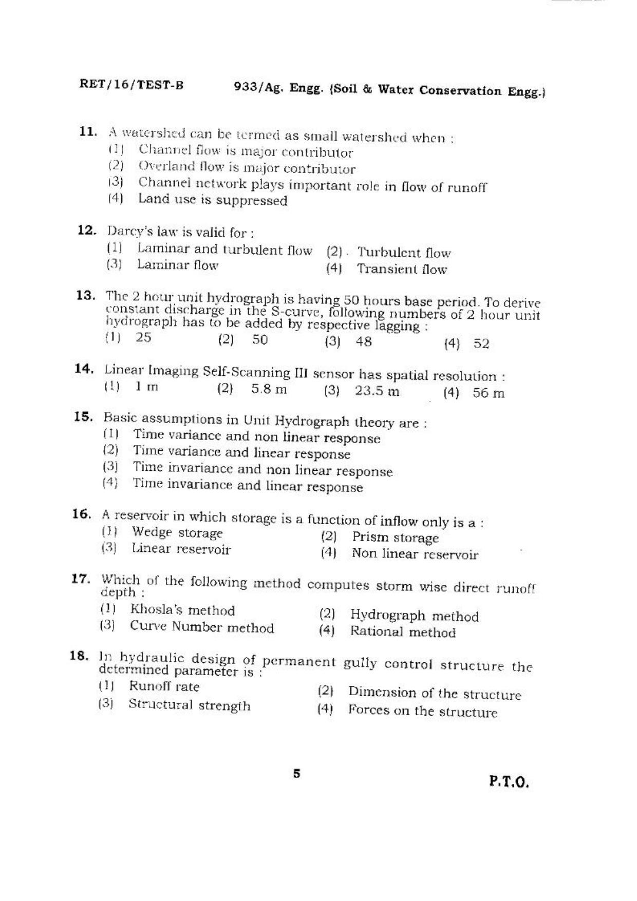 BHU RET (Agriculture) Ag. Enff.(Soil & Water Conservation Engg.) 2016 Question Paper - Page 5
