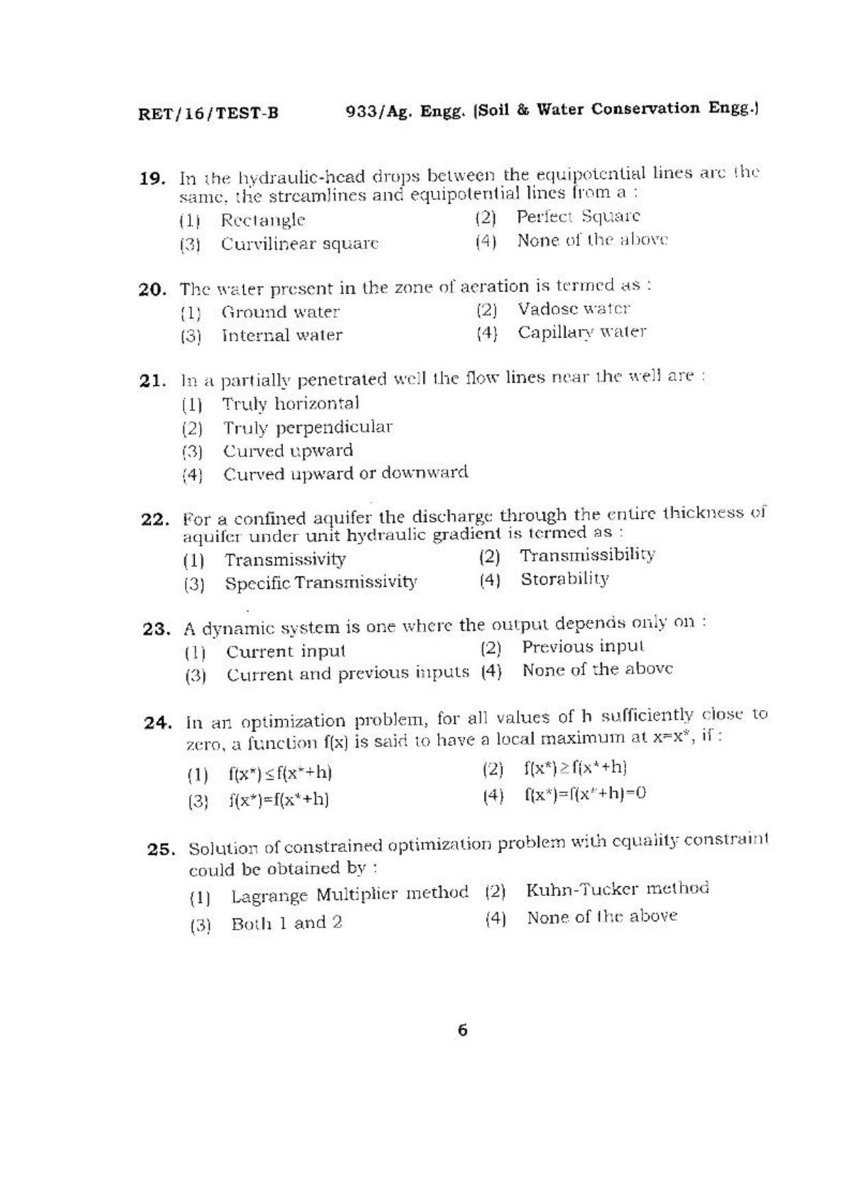 BHU RET (Agriculture) Ag. Enff.(Soil & Water Conservation Engg.) 2016 Question Paper - Page 6