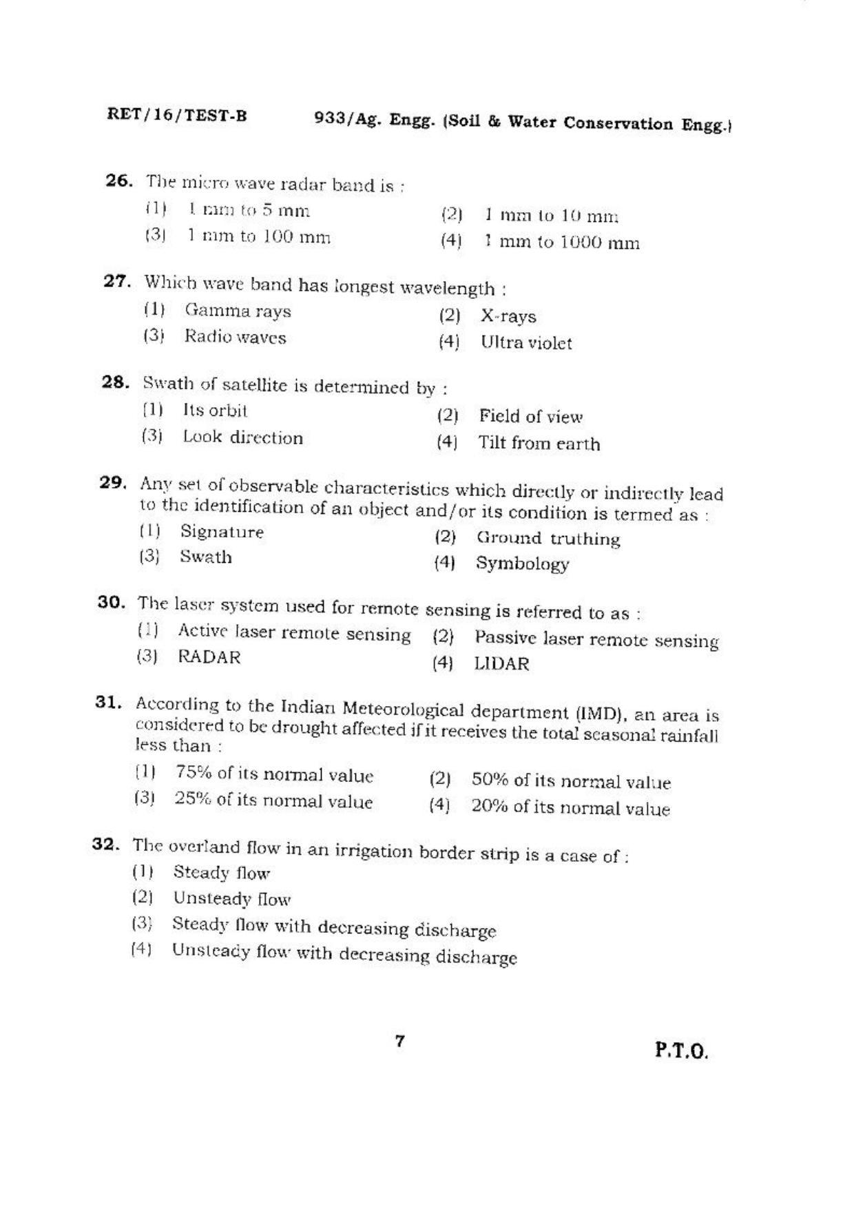 BHU RET (Agriculture) Ag. Enff.(Soil & Water Conservation Engg.) 2016 Question Paper - Page 7