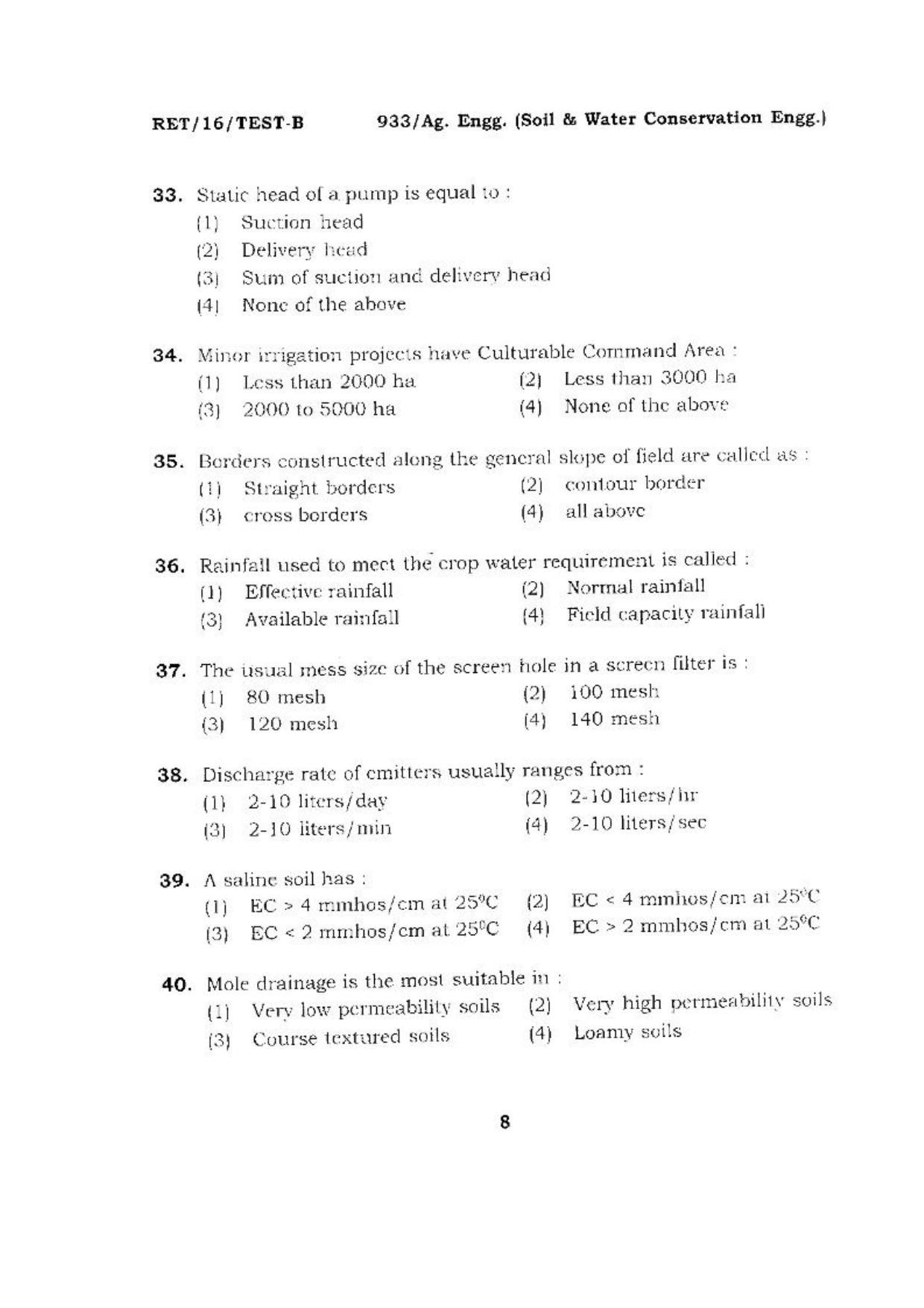 BHU RET (Agriculture) Ag. Enff.(Soil & Water Conservation Engg.) 2016 Question Paper - Page 8