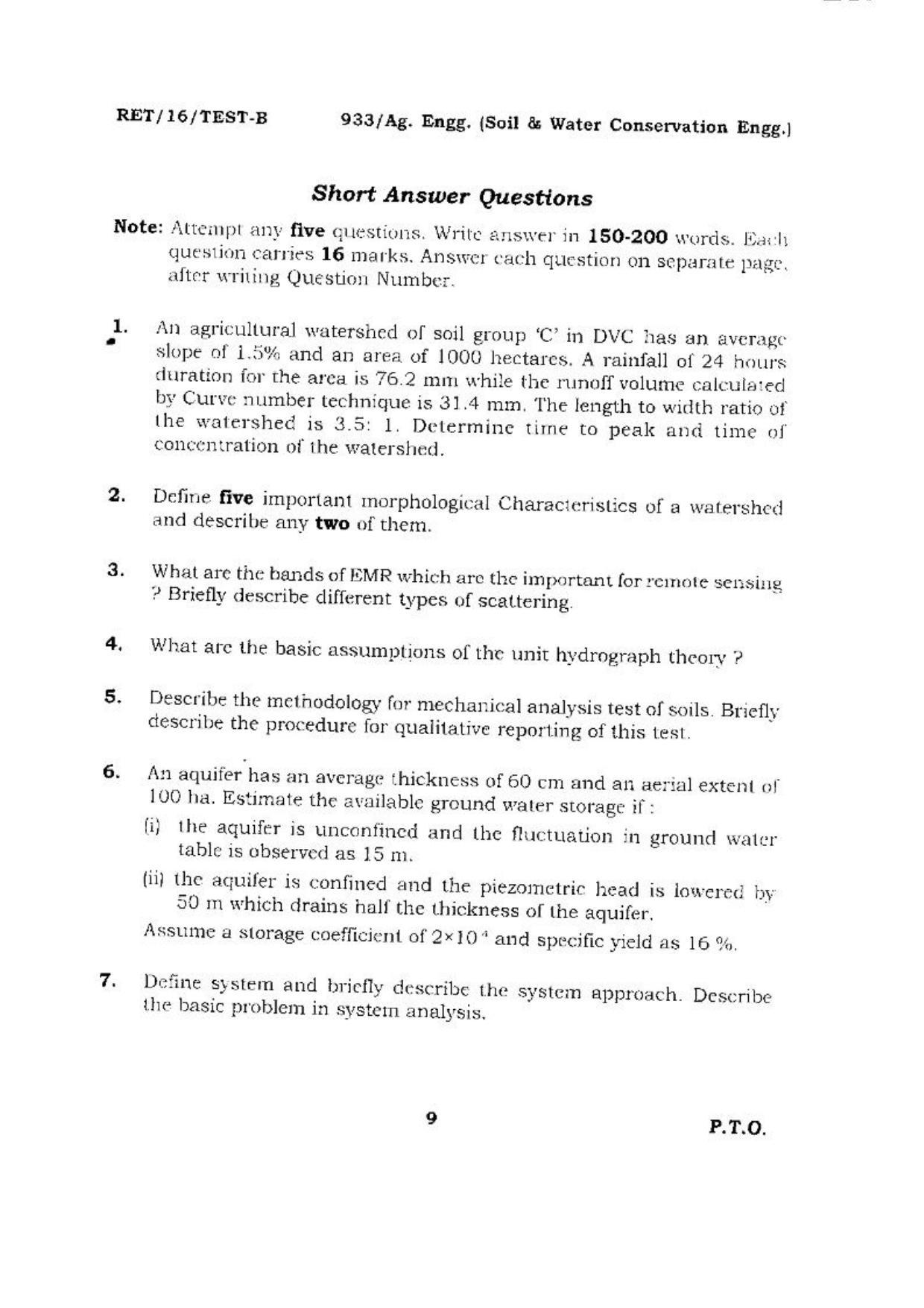 BHU RET (Agriculture) Ag. Enff.(Soil & Water Conservation Engg.) 2016 Question Paper - Page 9