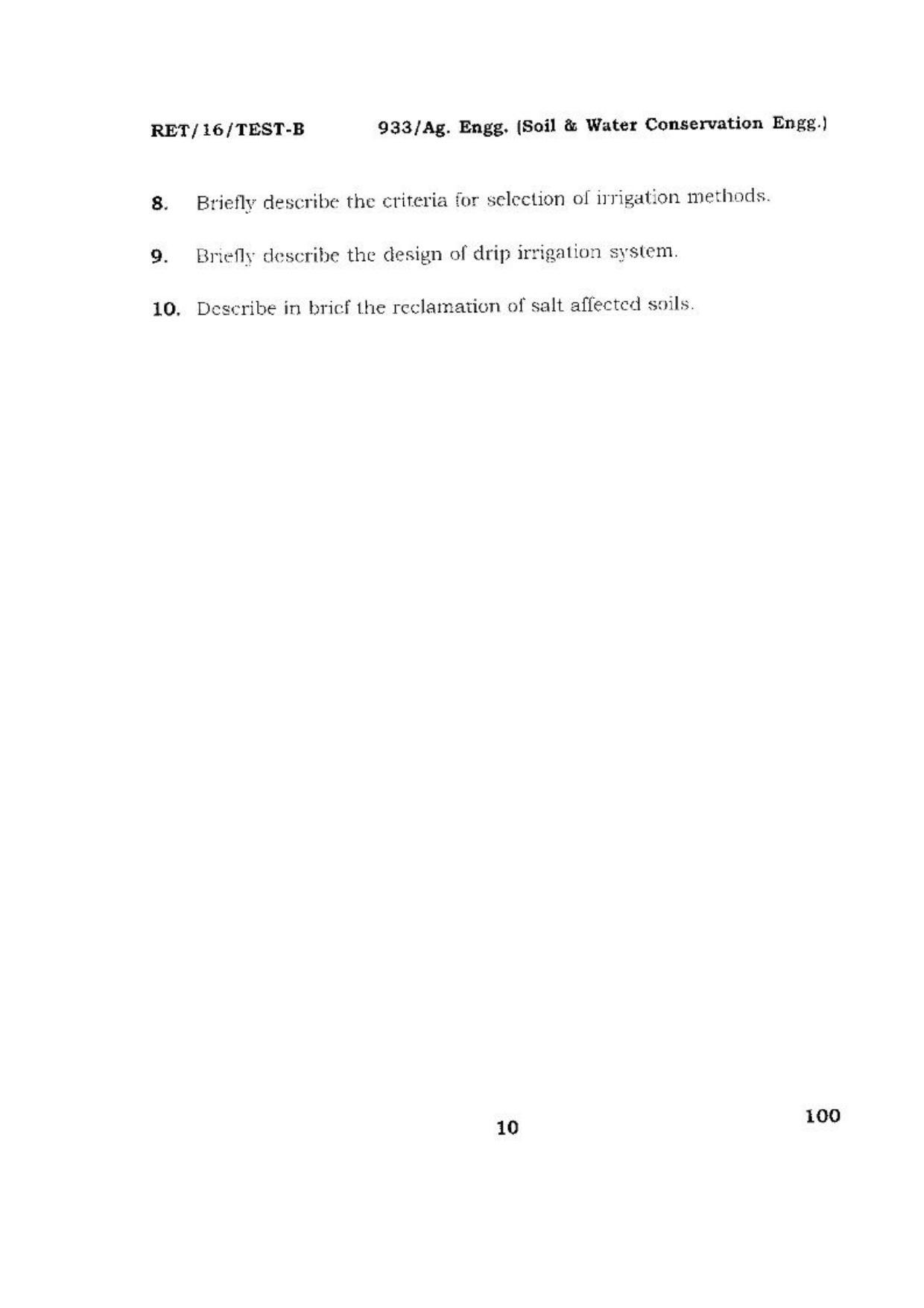 BHU RET (Agriculture) Ag. Enff.(Soil & Water Conservation Engg.) 2016 Question Paper - Page 10