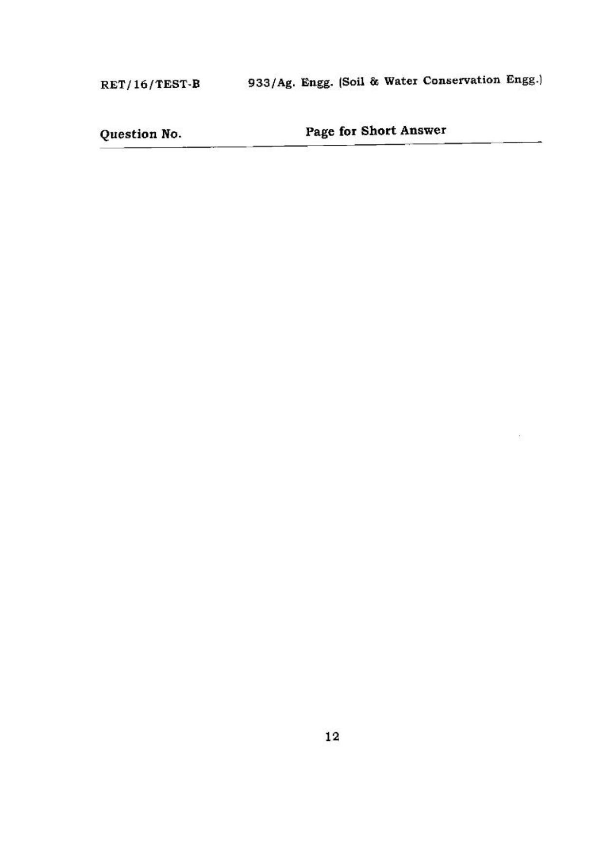 BHU RET (Agriculture) Ag. Enff.(Soil & Water Conservation Engg.) 2016 Question Paper - Page 12