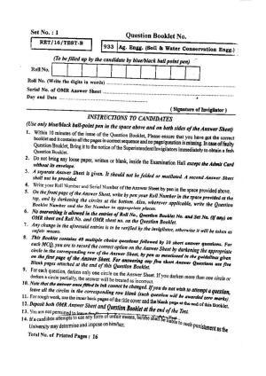 BHU RET (Agriculture) Ag. Enff.(Soil & Water Conservation Engg.) 2016 Question Paper