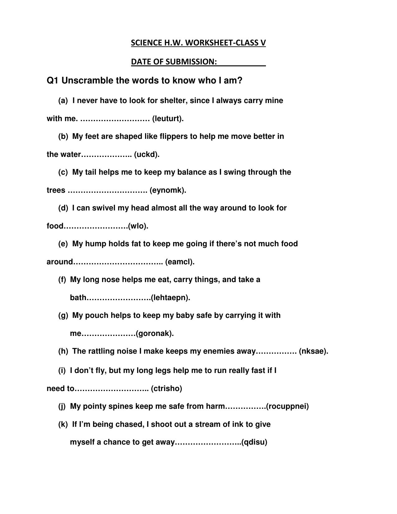 Worksheet for Class 5 Science Assignment 21 - Page 1