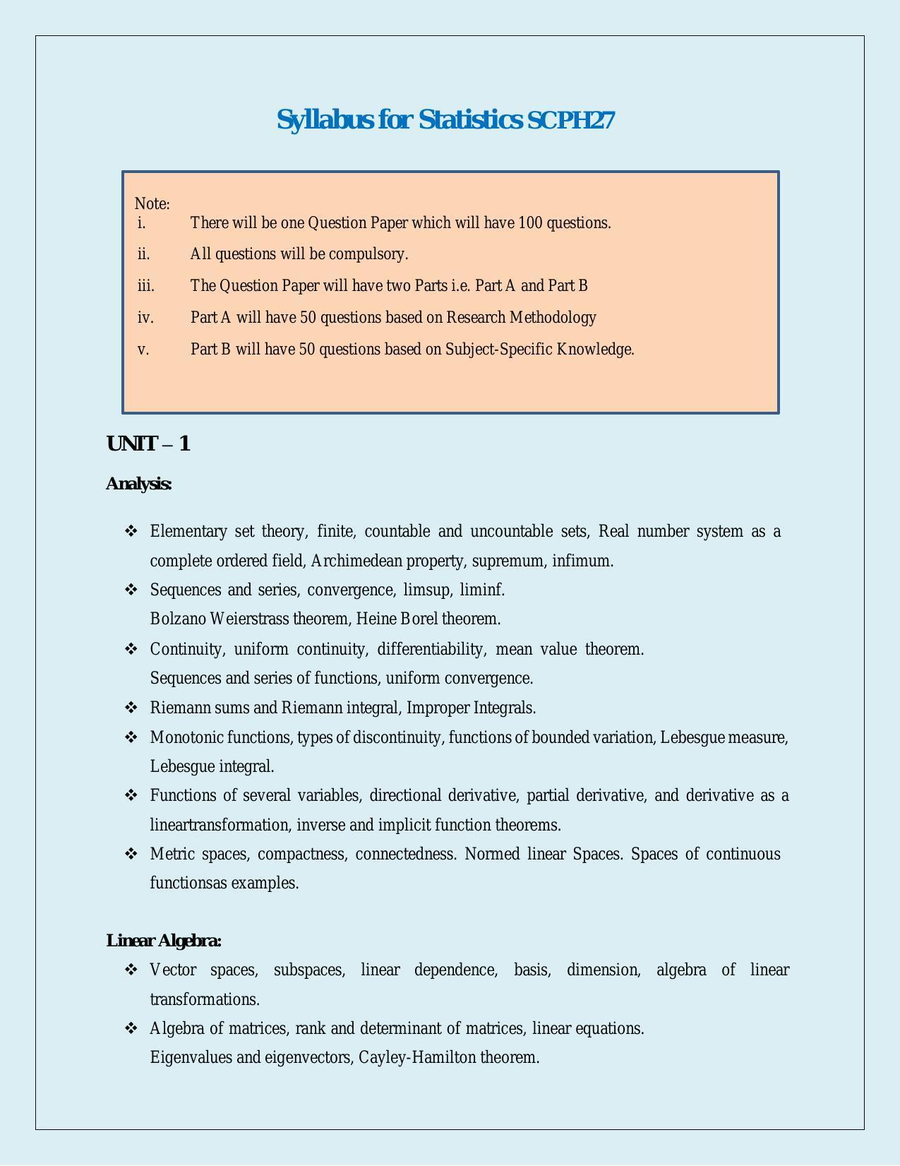 NTA PhD Entrance Exam Statistics Syllabus - Page 1