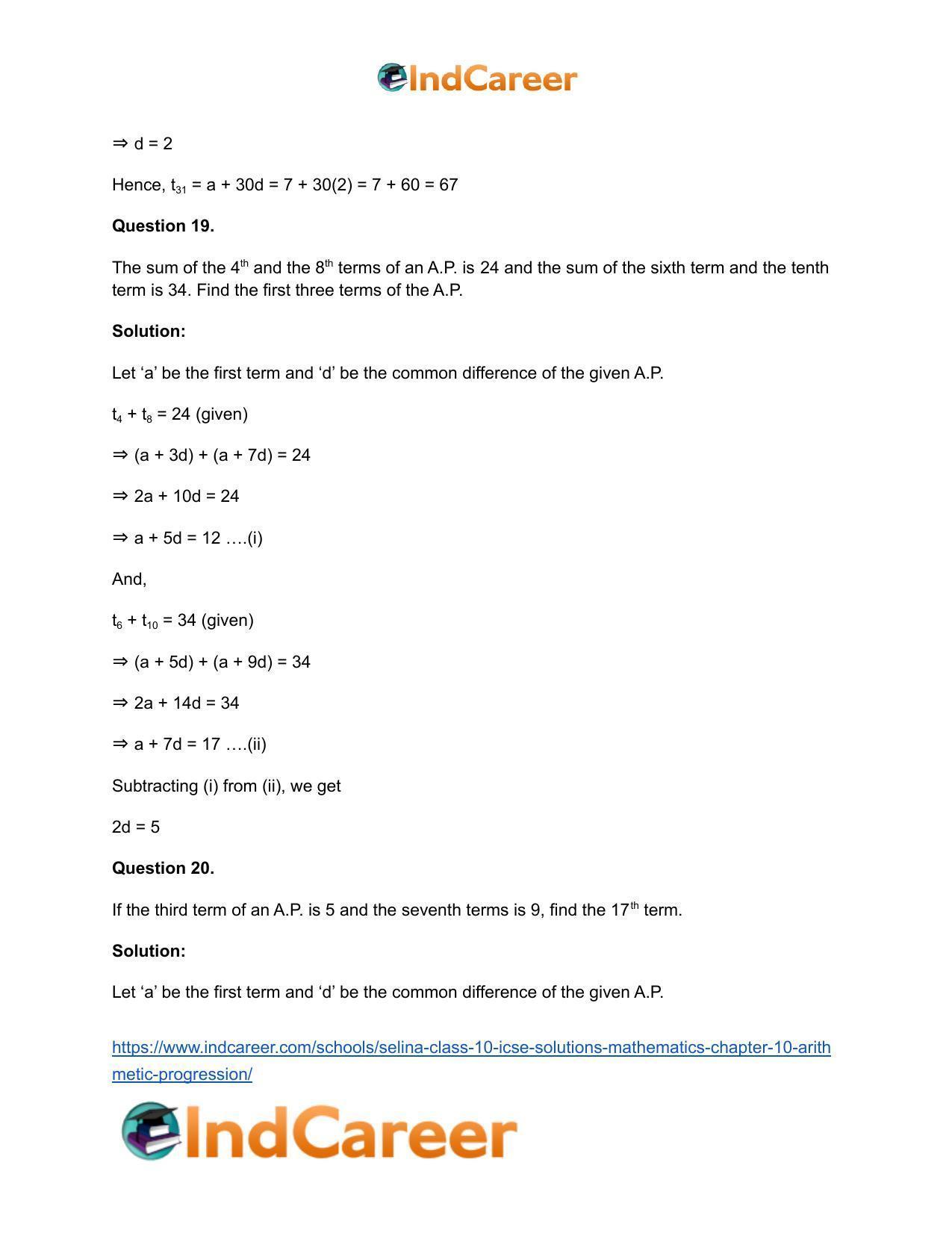 Selina Class 10 ICSE Solutions Mathematics : Chapter 10- Arithmetic Progression - Page 17