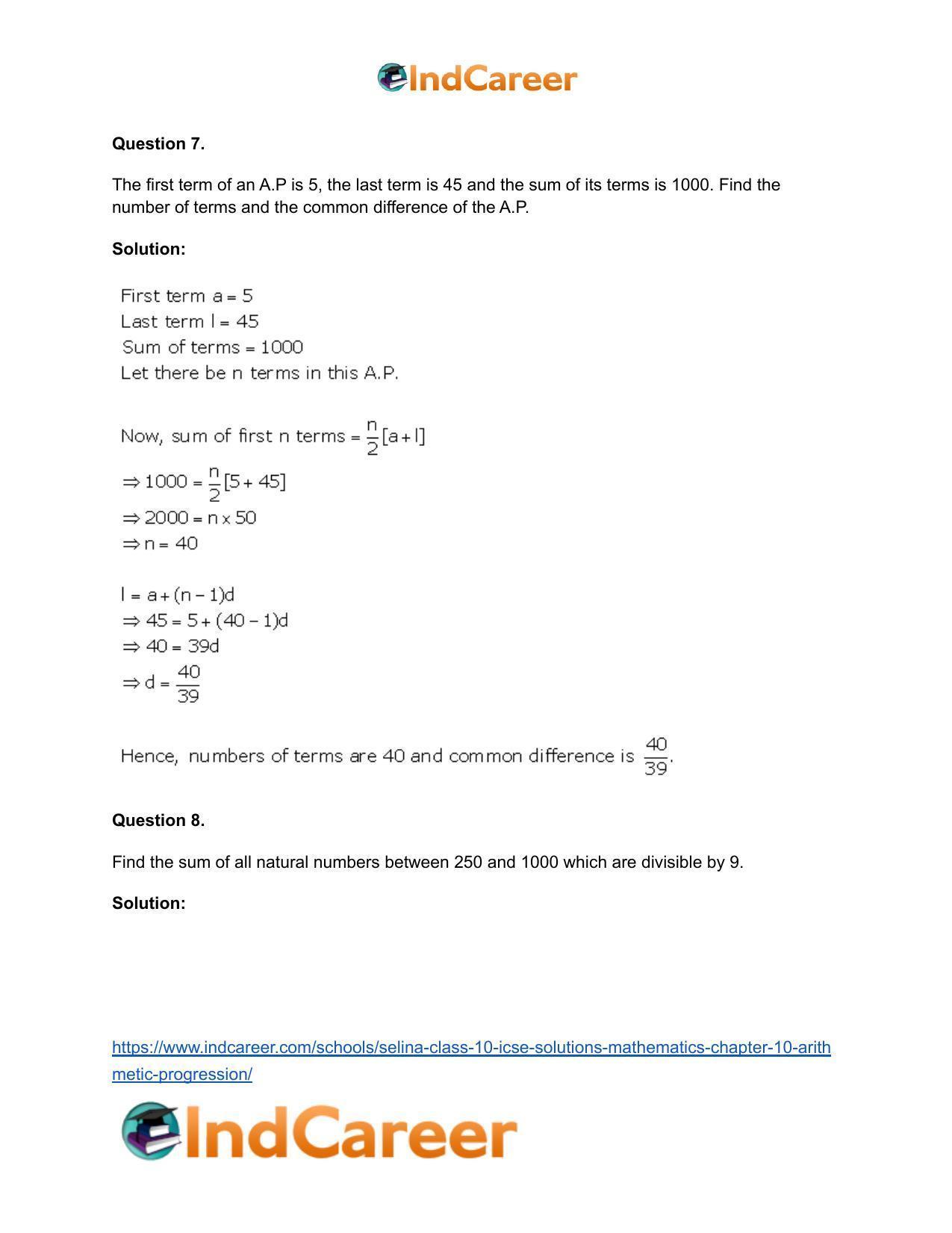 Selina Class 10 ICSE Solutions Mathematics : Chapter 10- Arithmetic Progression - Page 36