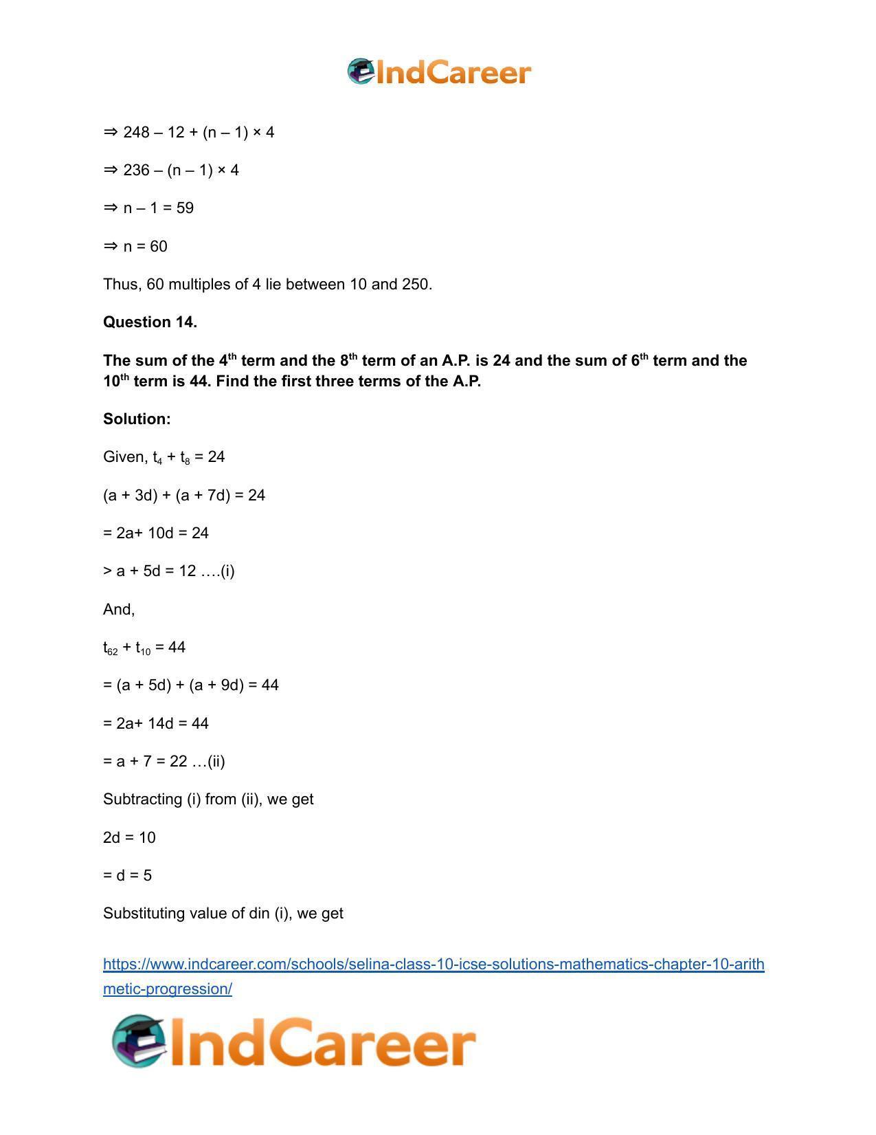 Selina Class 10 ICSE Solutions Mathematics : Chapter 10- Arithmetic Progression - Page 70