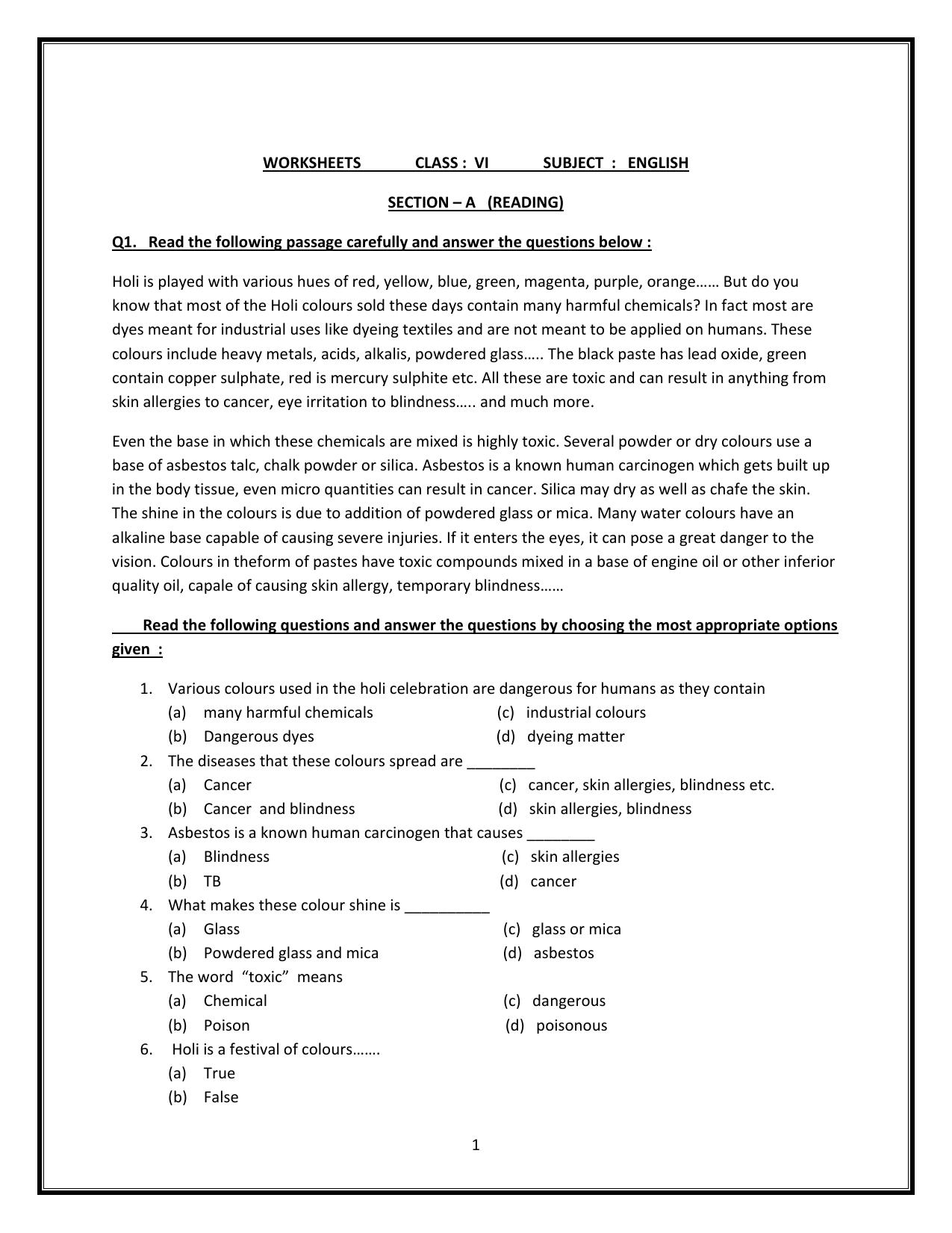 CBSE Worksheets for Class 6 English Assignment 5 - Page 1