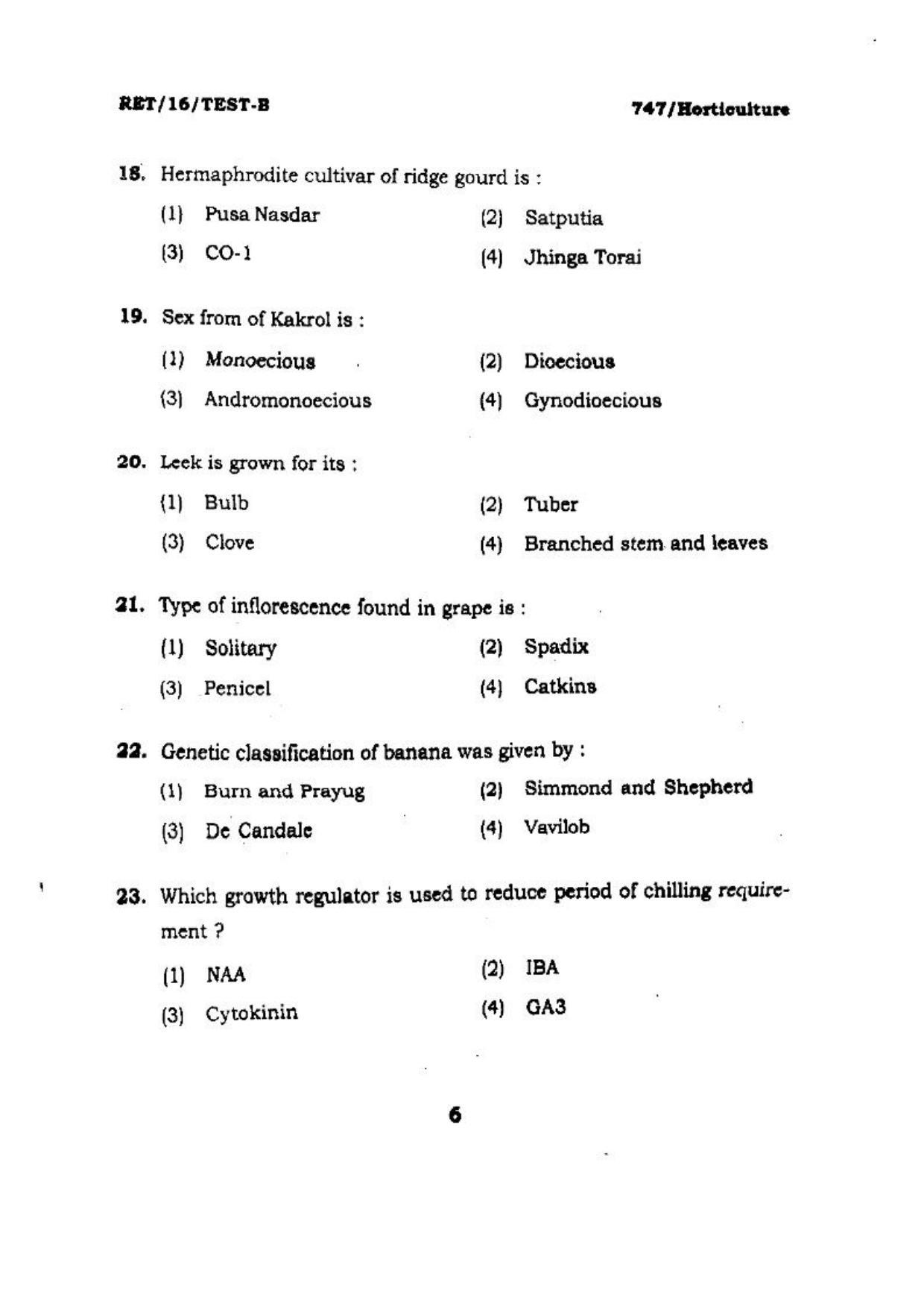 BHU RET (Agriculture) Horticulture 2016 Question Paper - Page 6