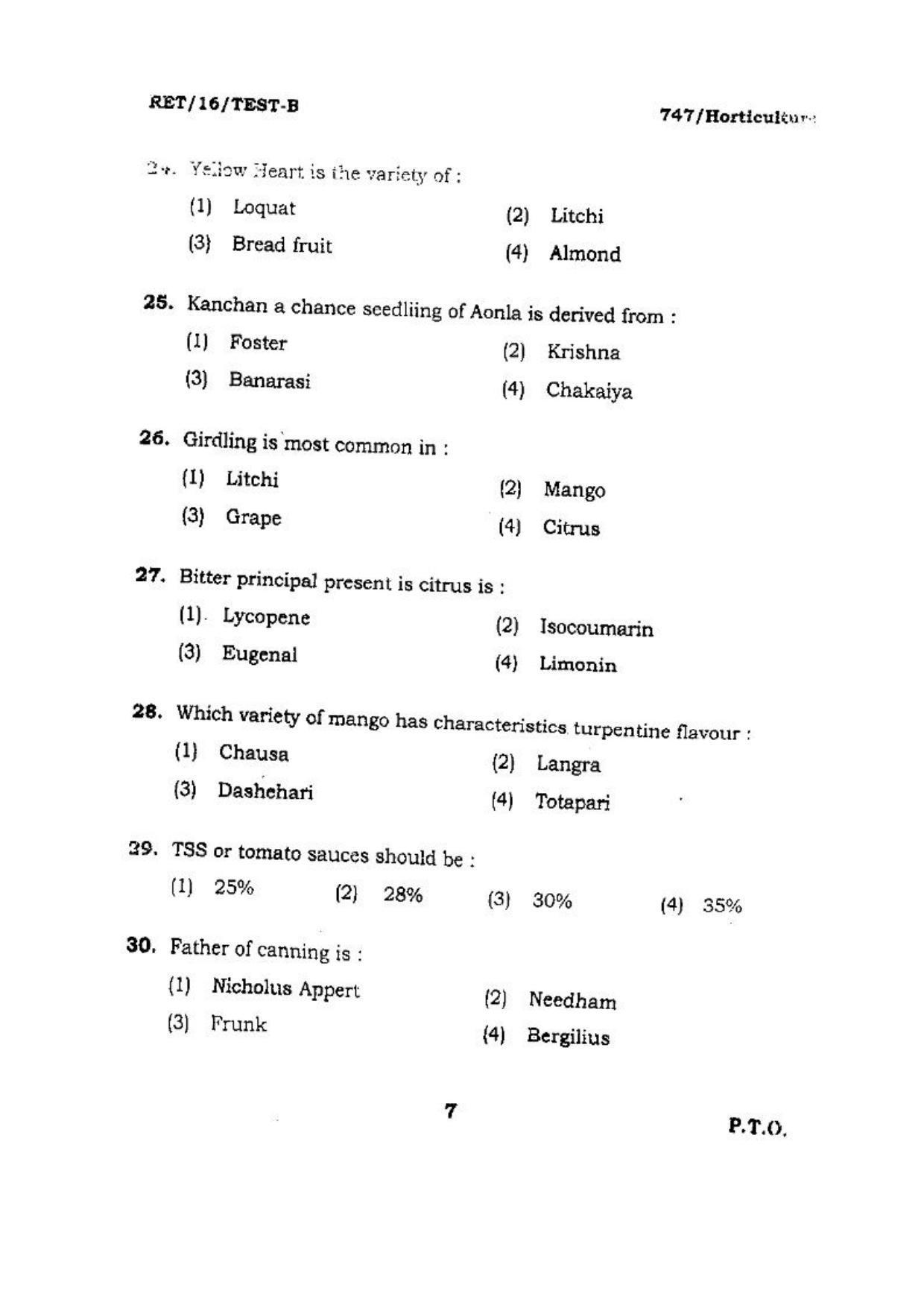 BHU RET (Agriculture) Horticulture 2016 Question Paper - Page 7