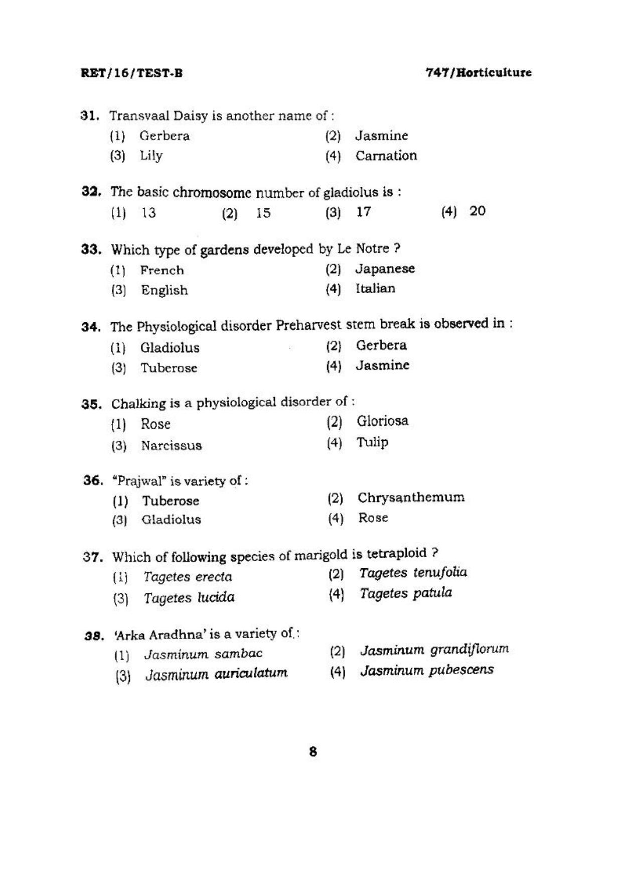 BHU RET (Agriculture) Horticulture 2016 Question Paper - Page 8