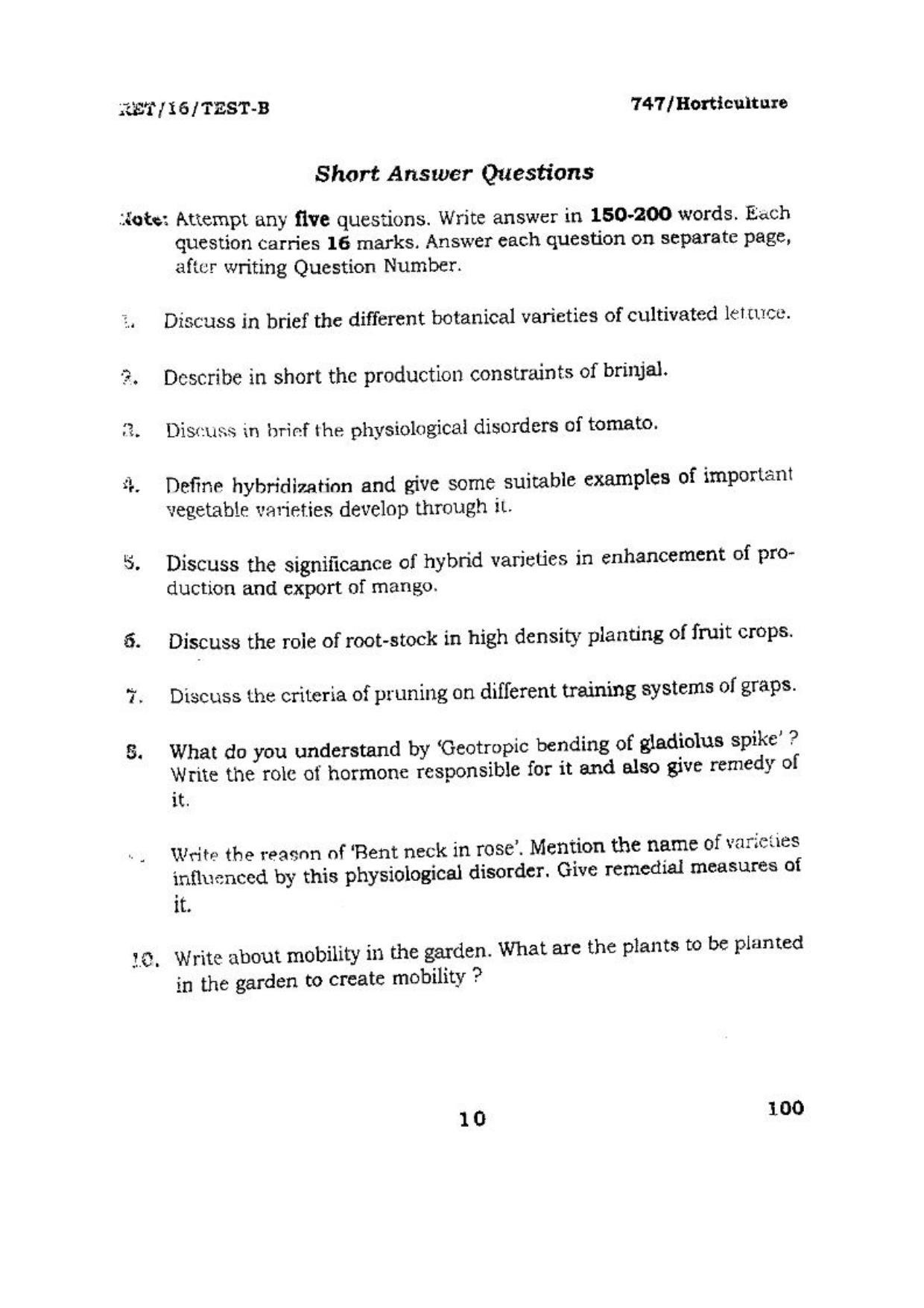 BHU RET (Agriculture) Horticulture 2016 Question Paper - Page 10