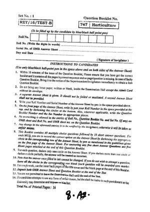 BHU RET (Agriculture) Horticulture 2016 Question Paper