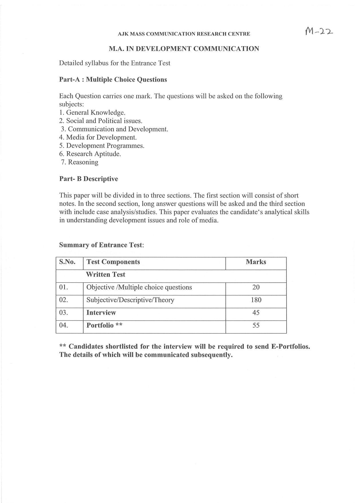 JMI Entrance Exam M22-M.A (Development Communication)(Self-Finance) Syllabus - Page 1