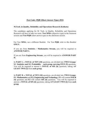 ISI Admission Test M.Tech (QROR) PQB 2016 Sample Paper