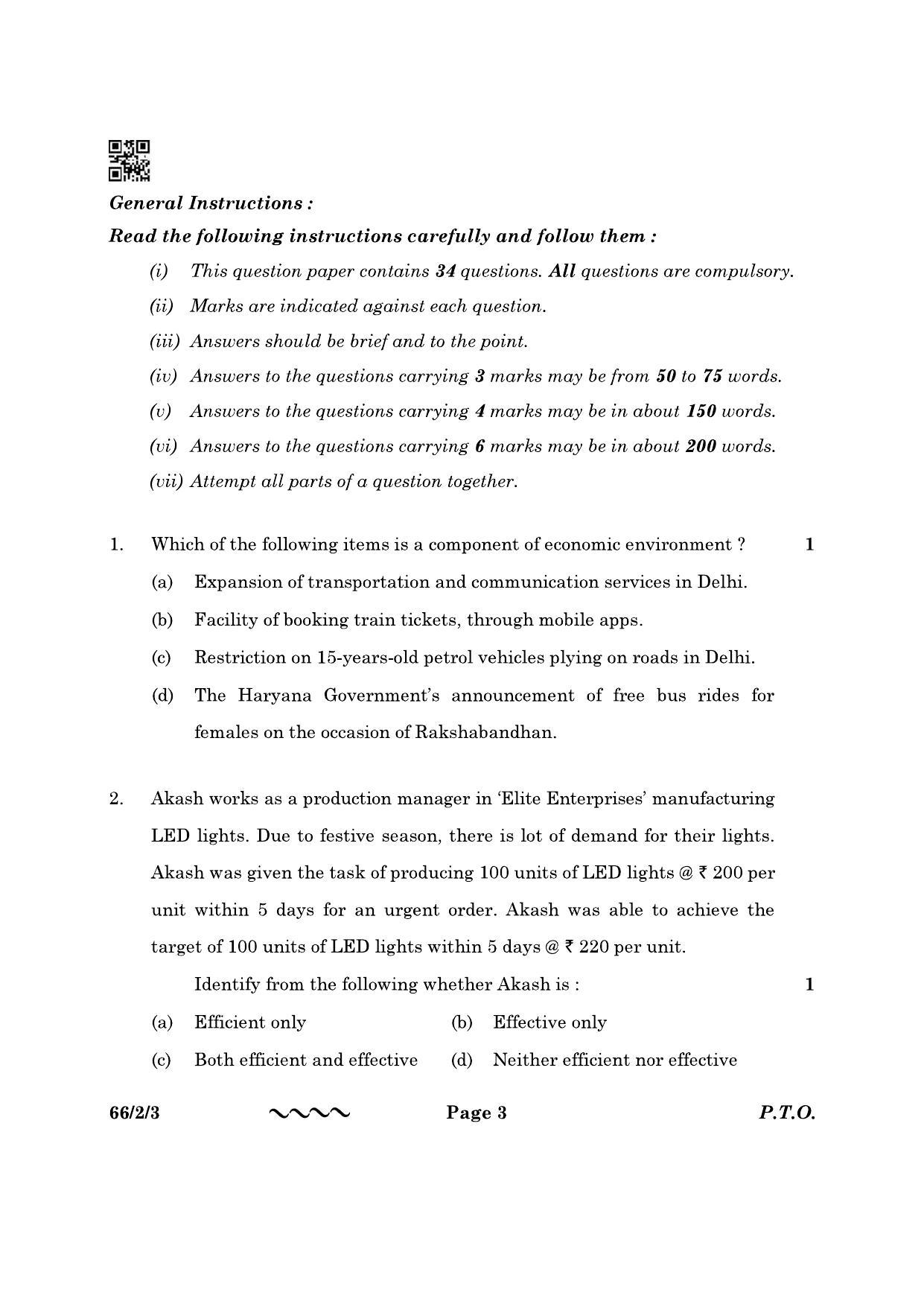 CBSE Class 12 66-2-3 Business Studies 2023 Question Paper - Page 3