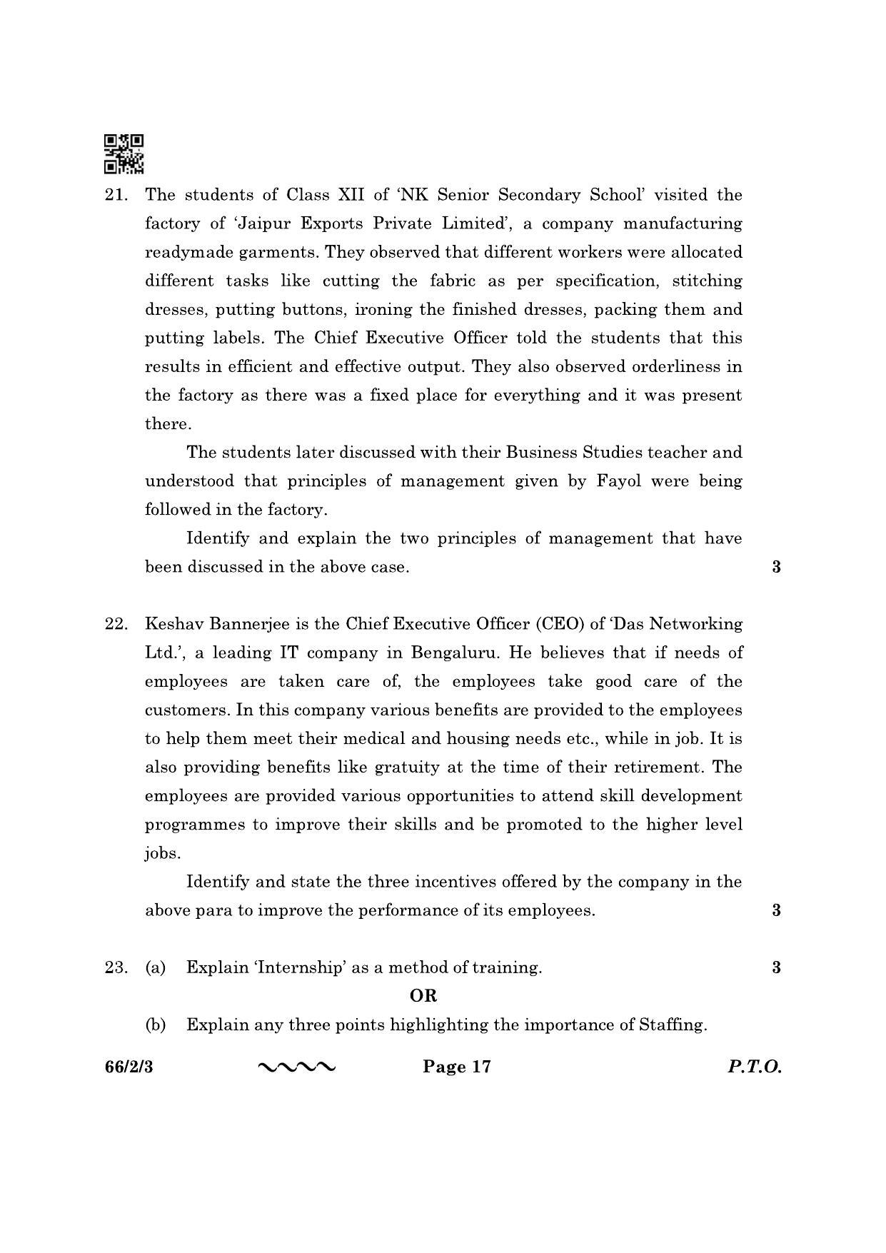 CBSE Class 12 66-2-3 Business Studies 2023 Question Paper - Page 17