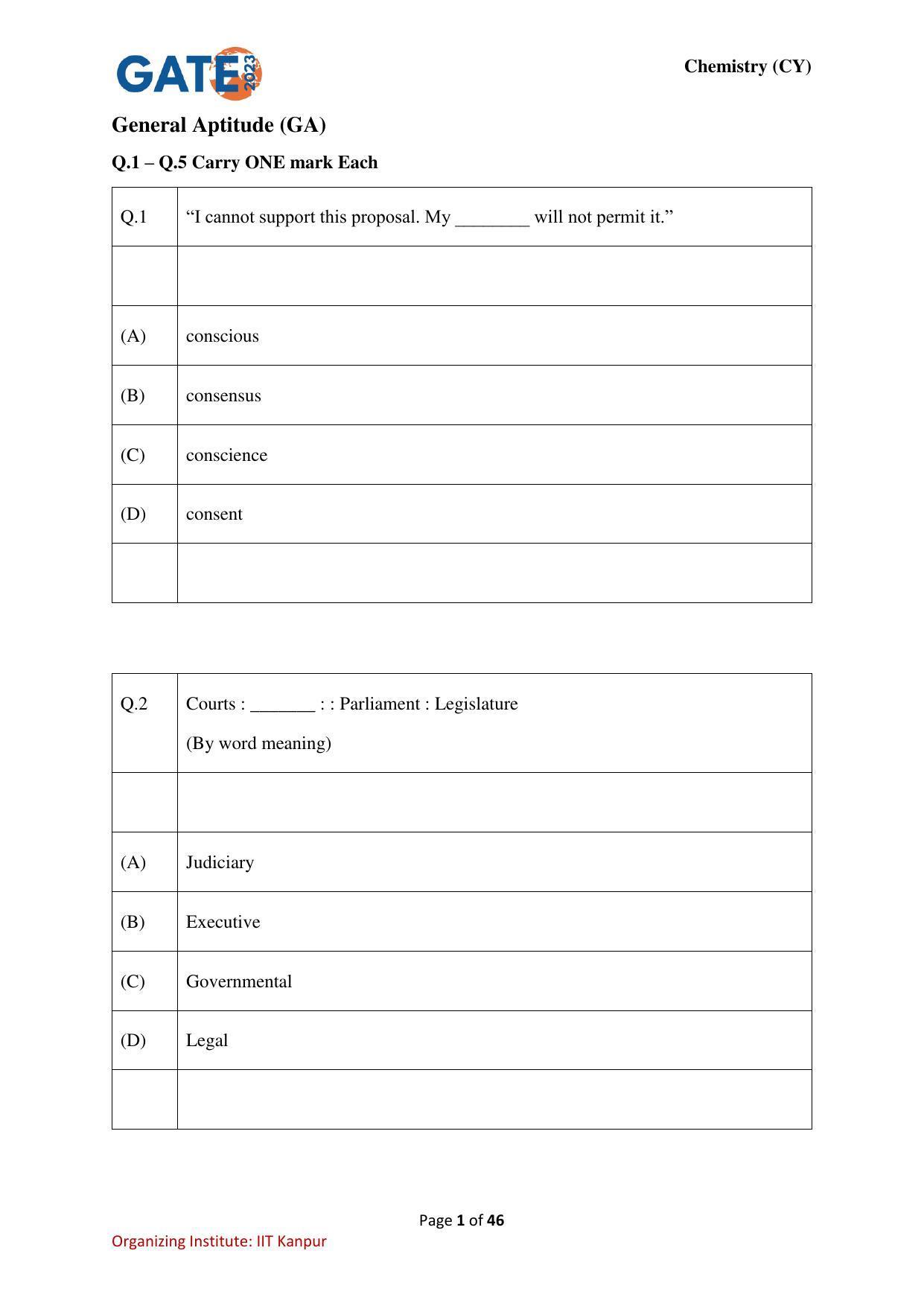 GATE 2023 Chemistry (CY) Question Paper - Page 1