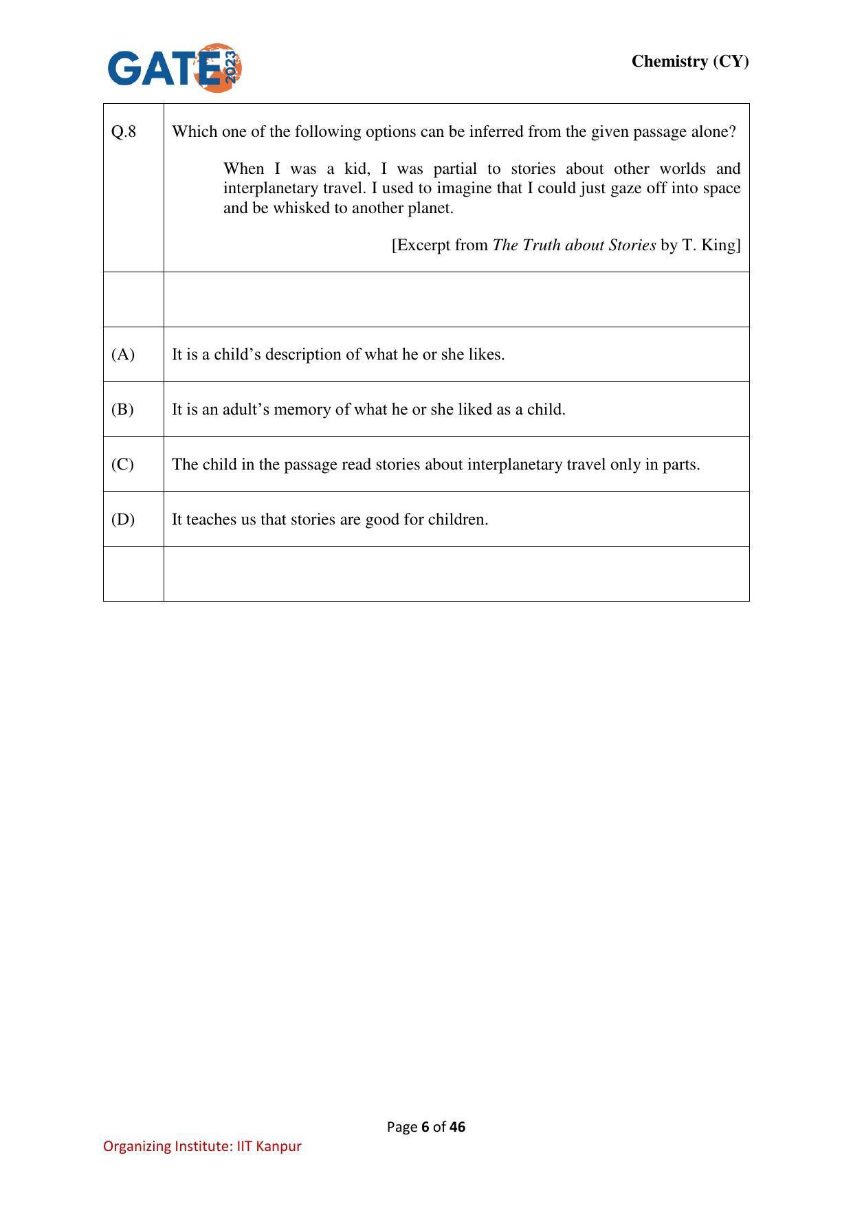 GATE 2023 Chemistry (CY) Question Paper - Page 6