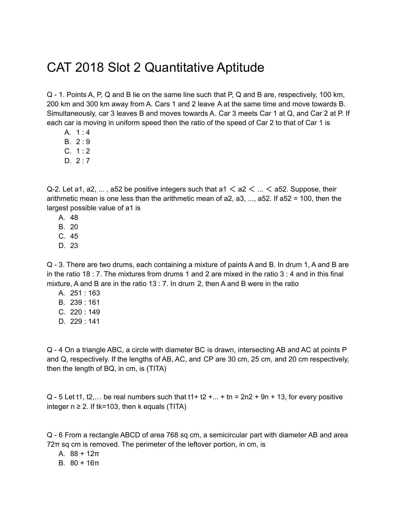 CAT 2018 CAT QA Slot 2 Question Paper - Page 1