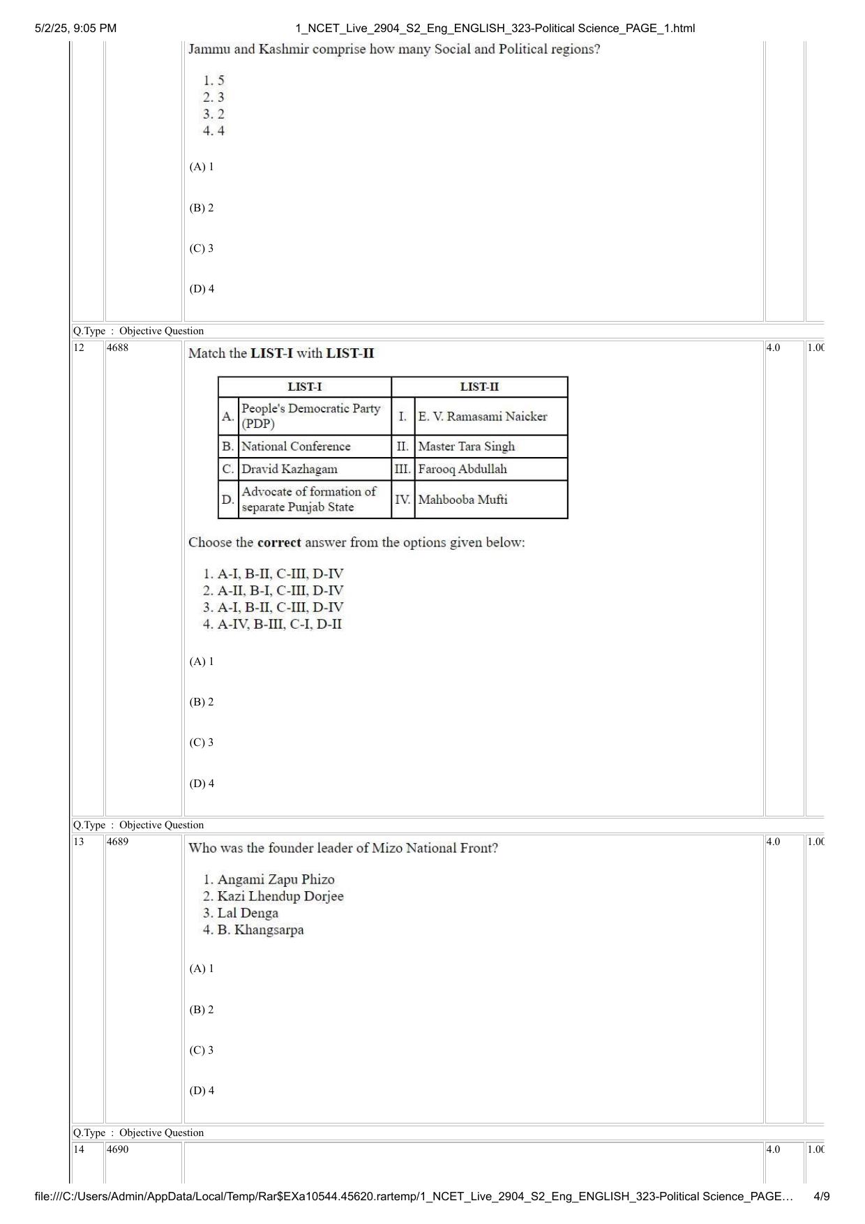NCET 2025 Question Paper - Political Science - Page 4