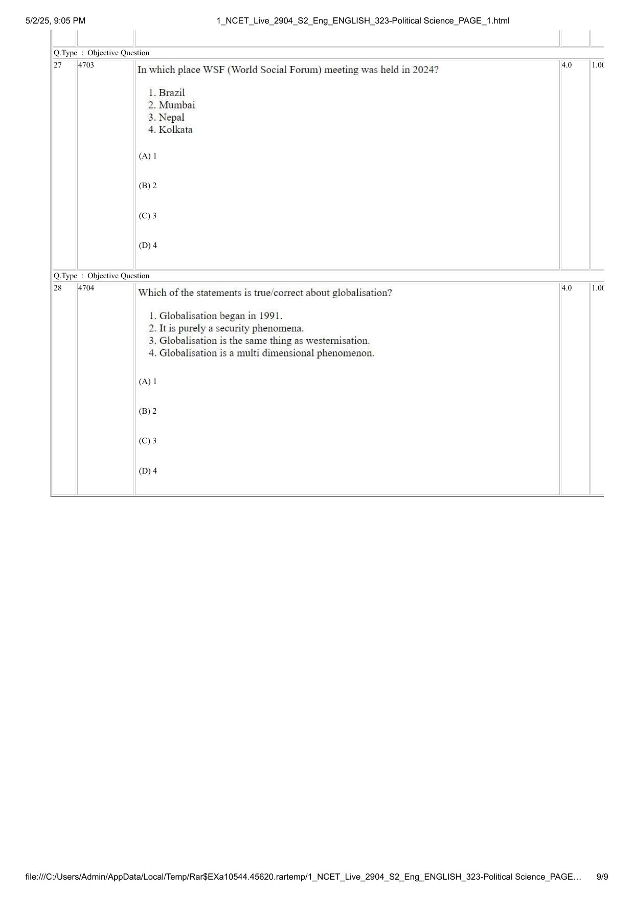 NCET 2025 Question Paper - Political Science - Page 9