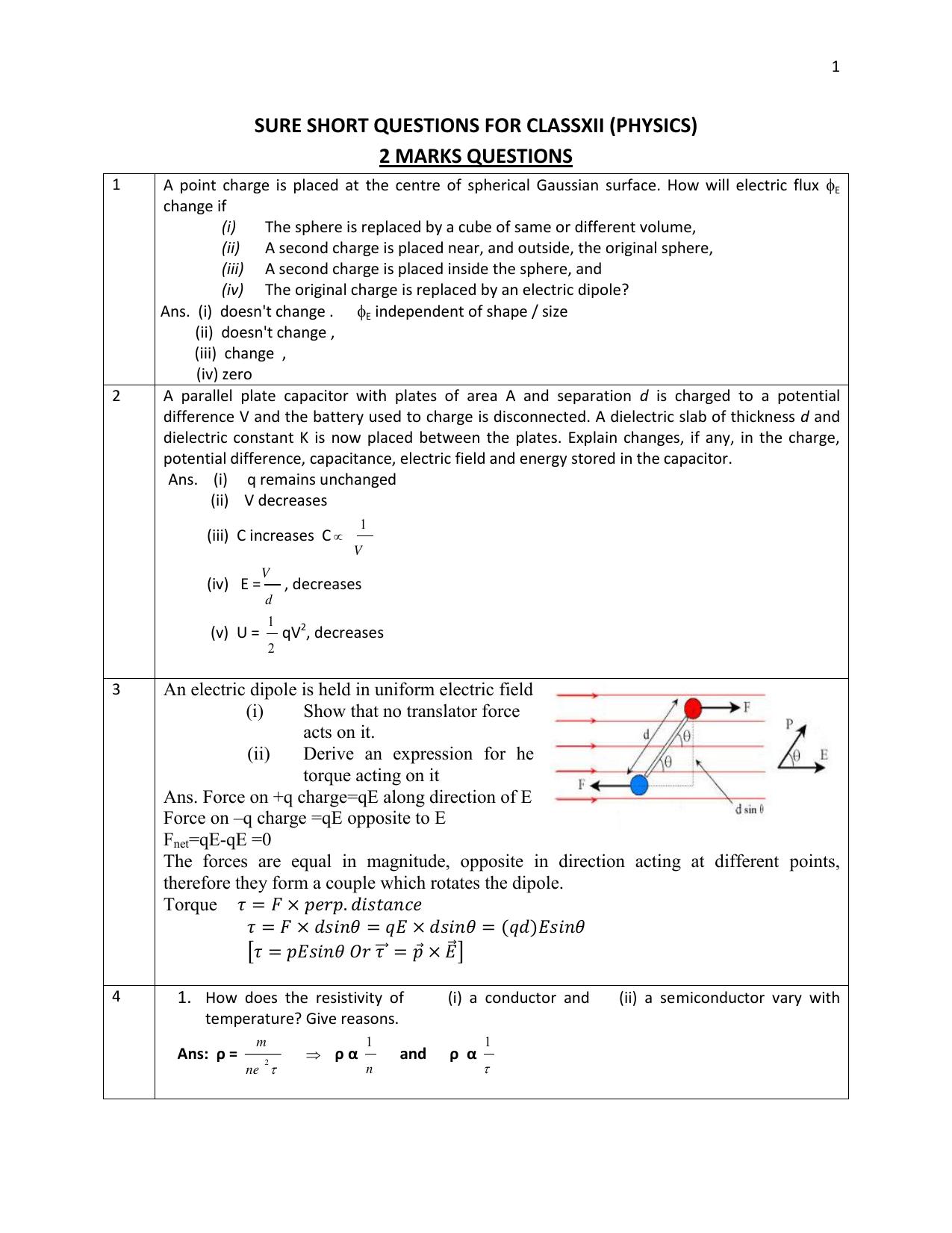 CBSE Class 12 Physics 1 mark Question Bank - 2 MARKS QUESTIONS - Page 1